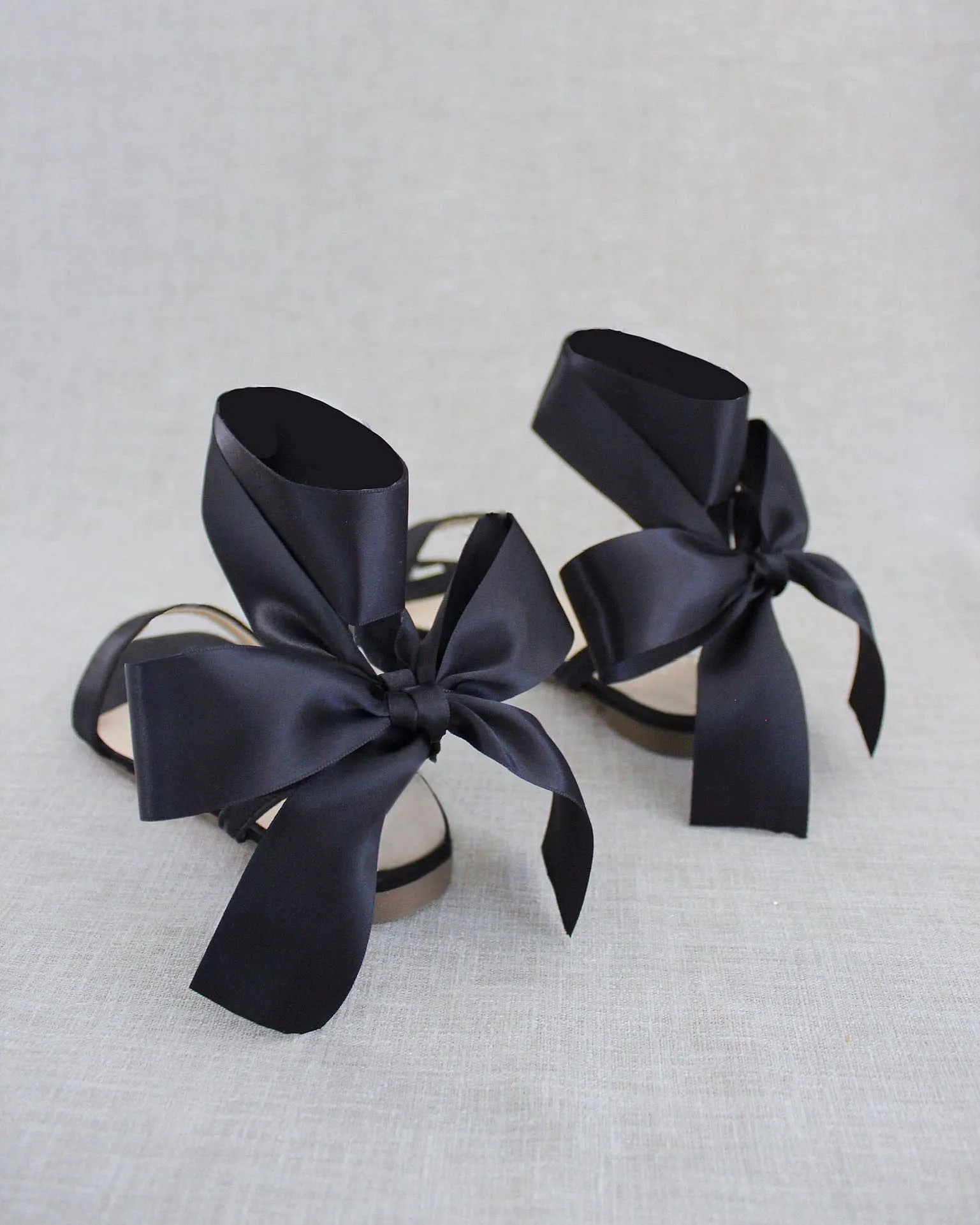 Black Satin Flat Sandal with Wrapped Satin Tie