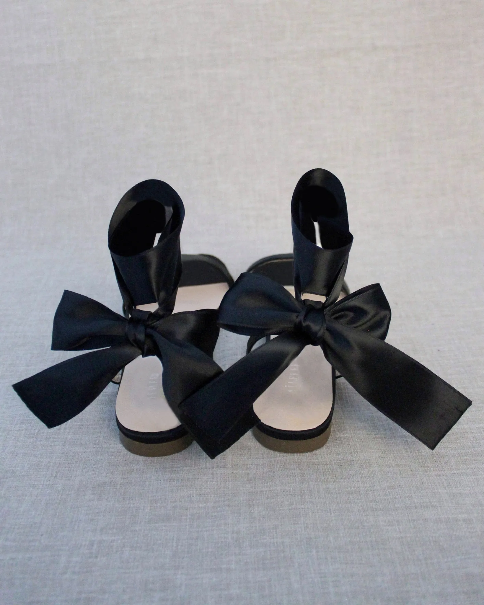 Black Satin Flat Sandal with Wrapped Satin Tie