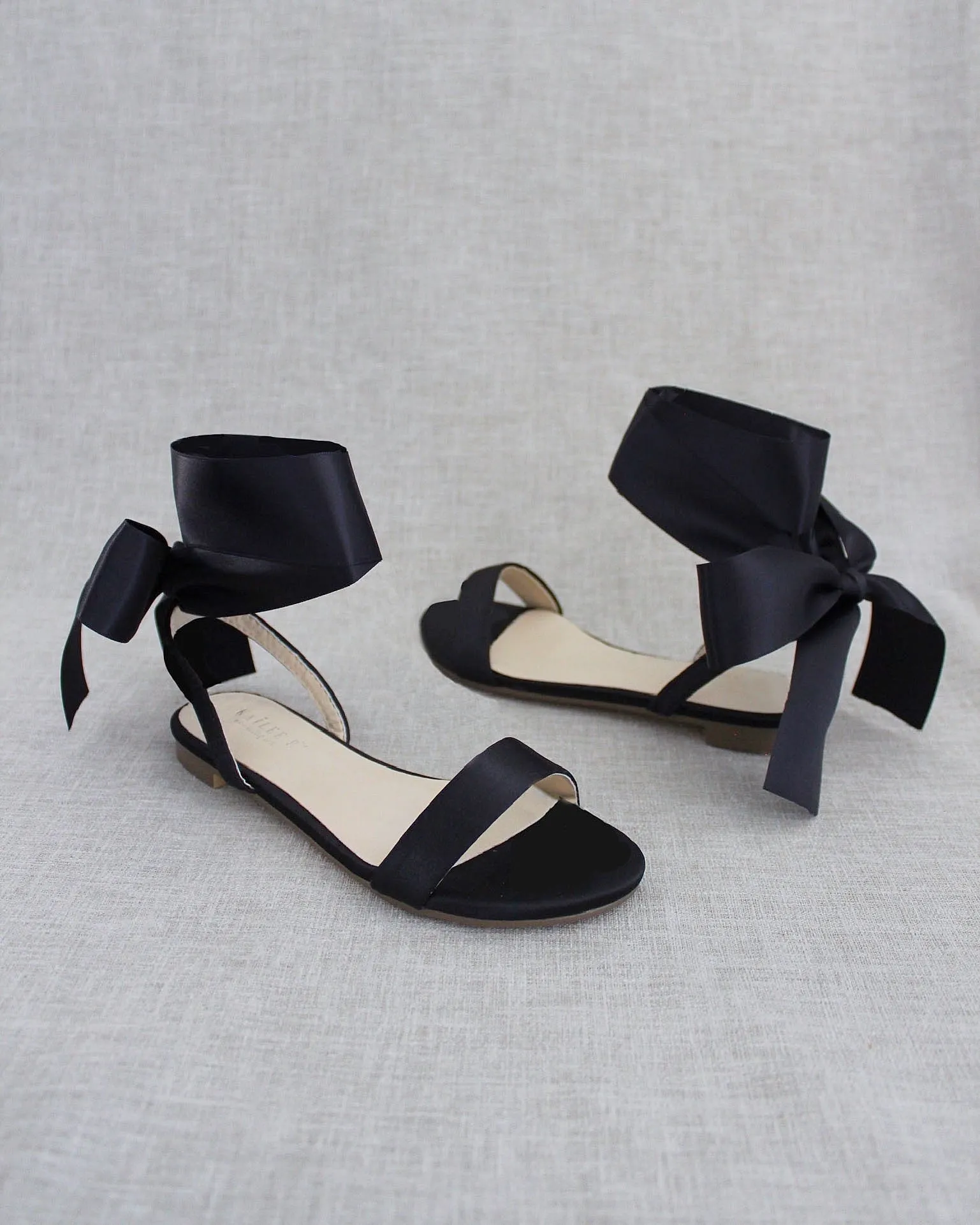 Black Satin Flat Sandal with Wrapped Satin Tie