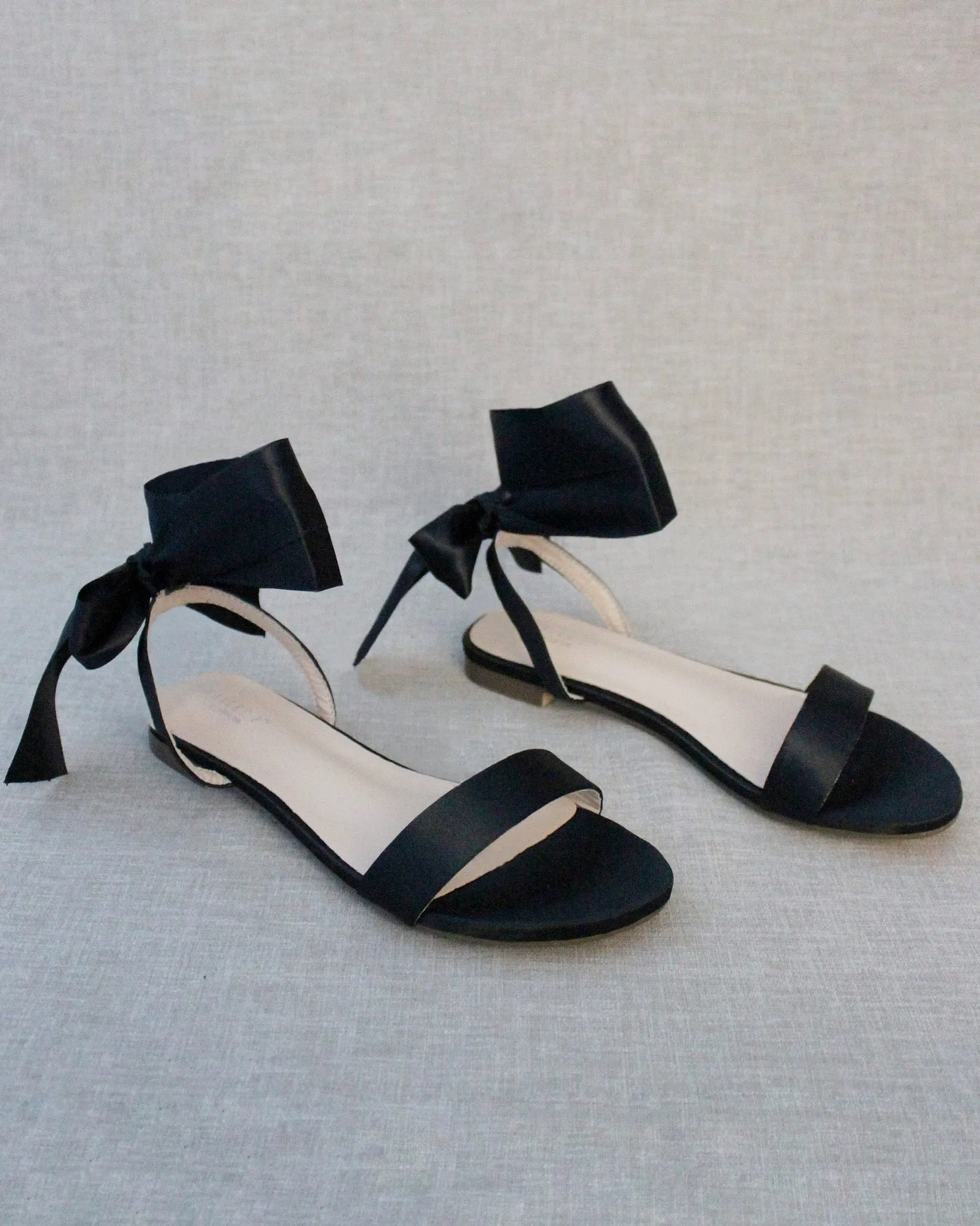 Black Satin Flat Sandal with Wrapped Satin Tie