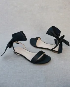 Black Satin Flat Sandal with Wrapped Satin Tie