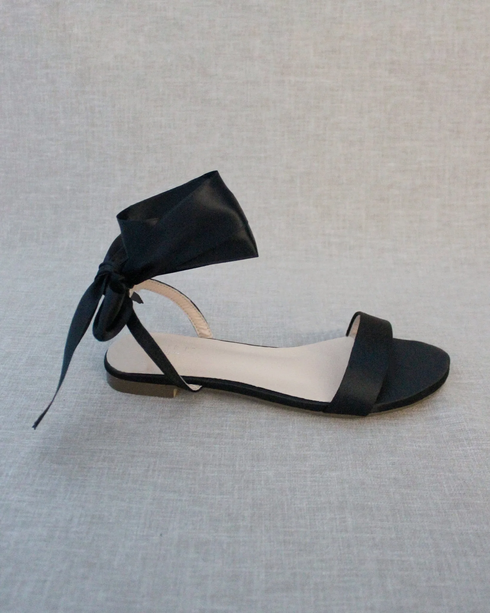 Black Satin Flat Sandal with Wrapped Satin Tie