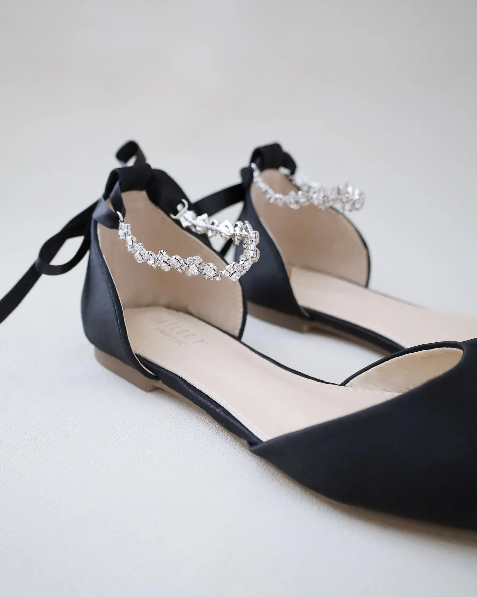 Black Satin Pointy Toe Evening Flats with Amaryllis Strap