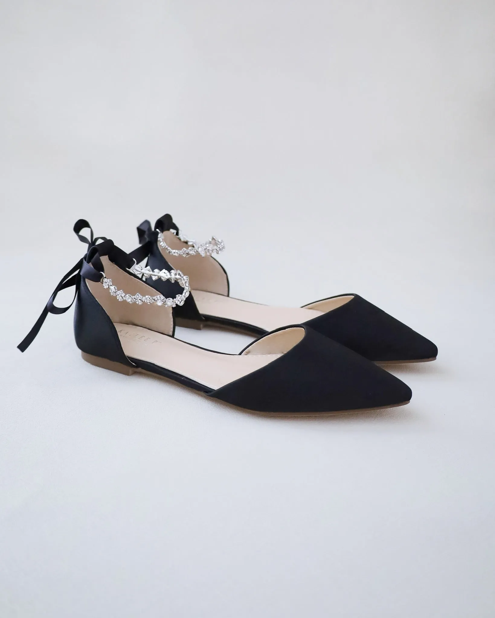 Black Satin Pointy Toe Evening Flats with Amaryllis Strap