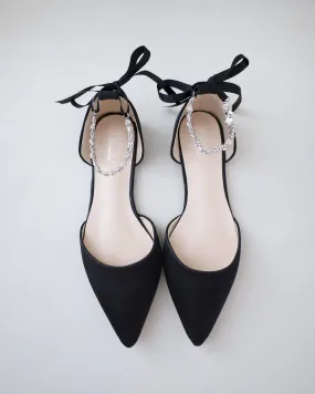 Black Satin Pointy Toe Evening Flats with Amaryllis Strap