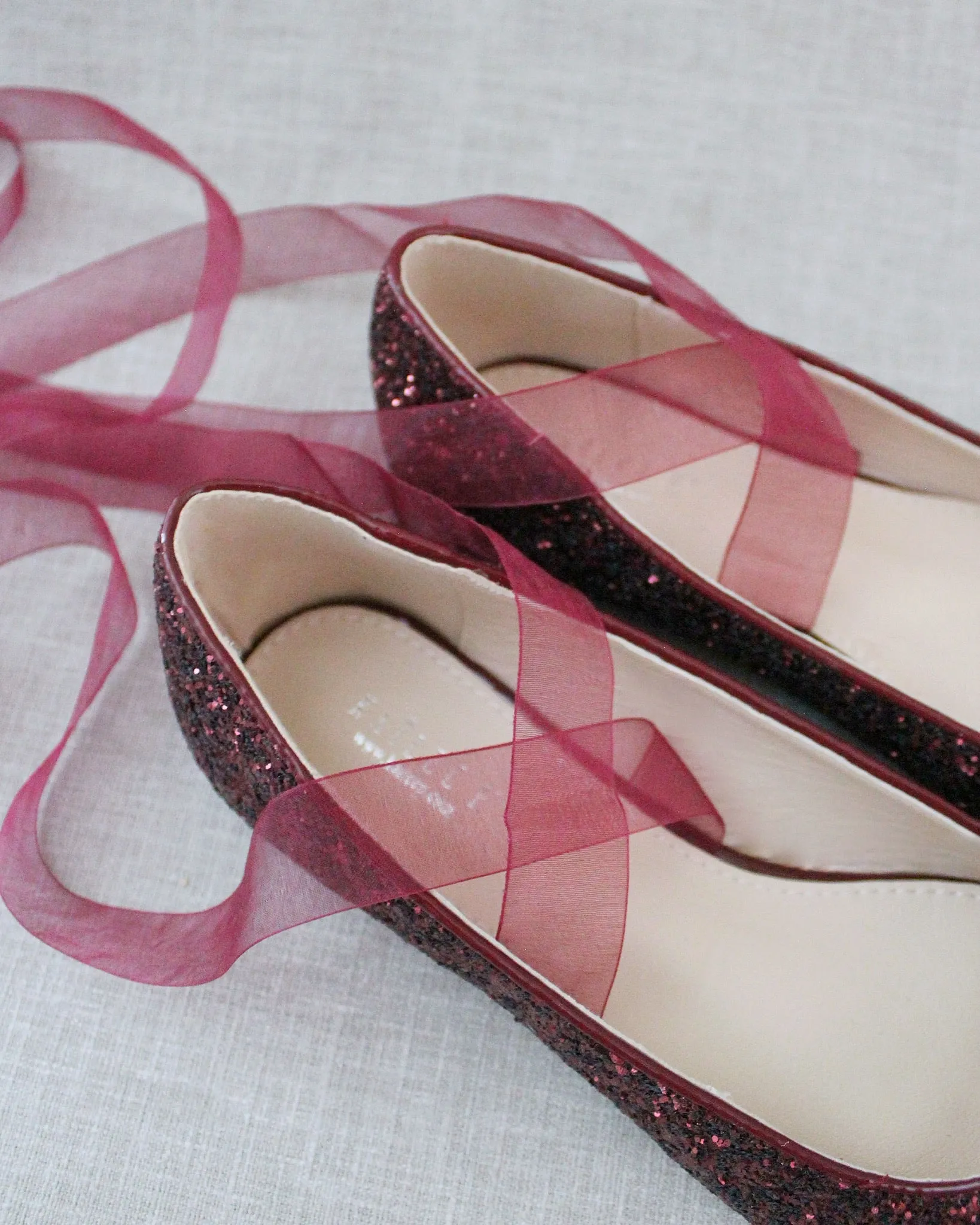 Burgundy Pointy Toe Glitter Flats with Sheer Lace Up