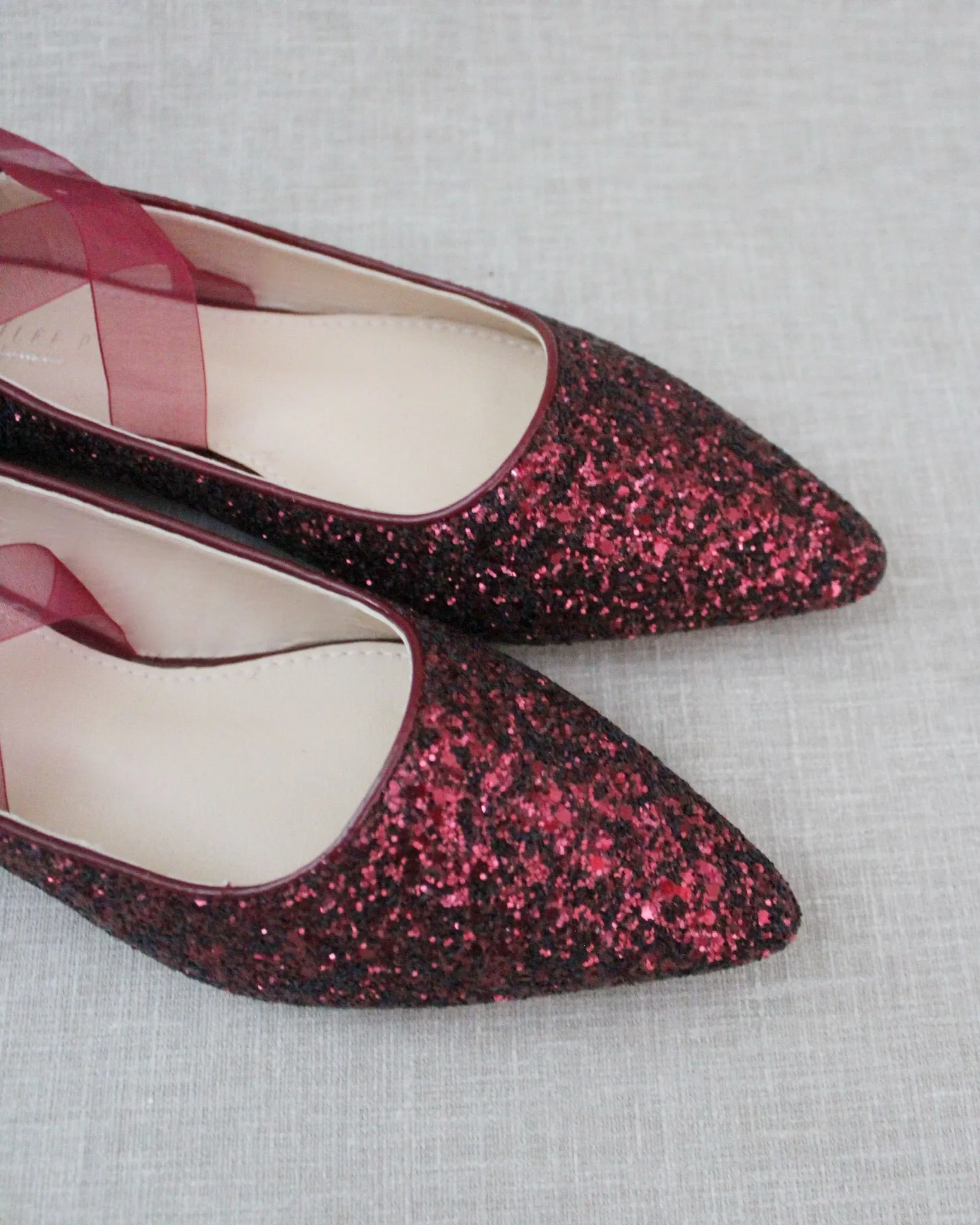 Burgundy Pointy Toe Glitter Flats with Sheer Lace Up