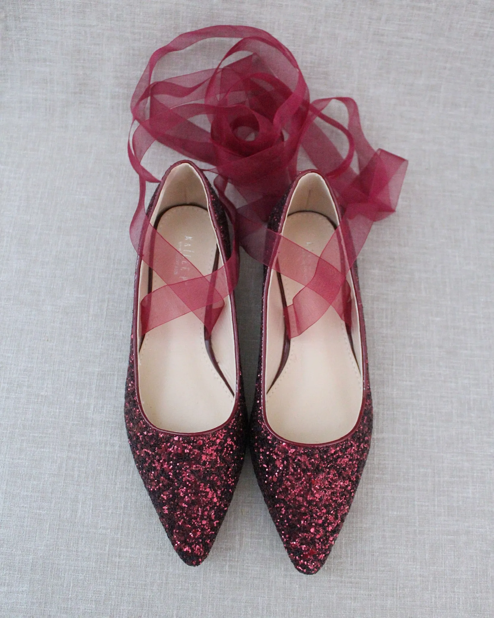 Burgundy Pointy Toe Glitter Flats with Sheer Lace Up