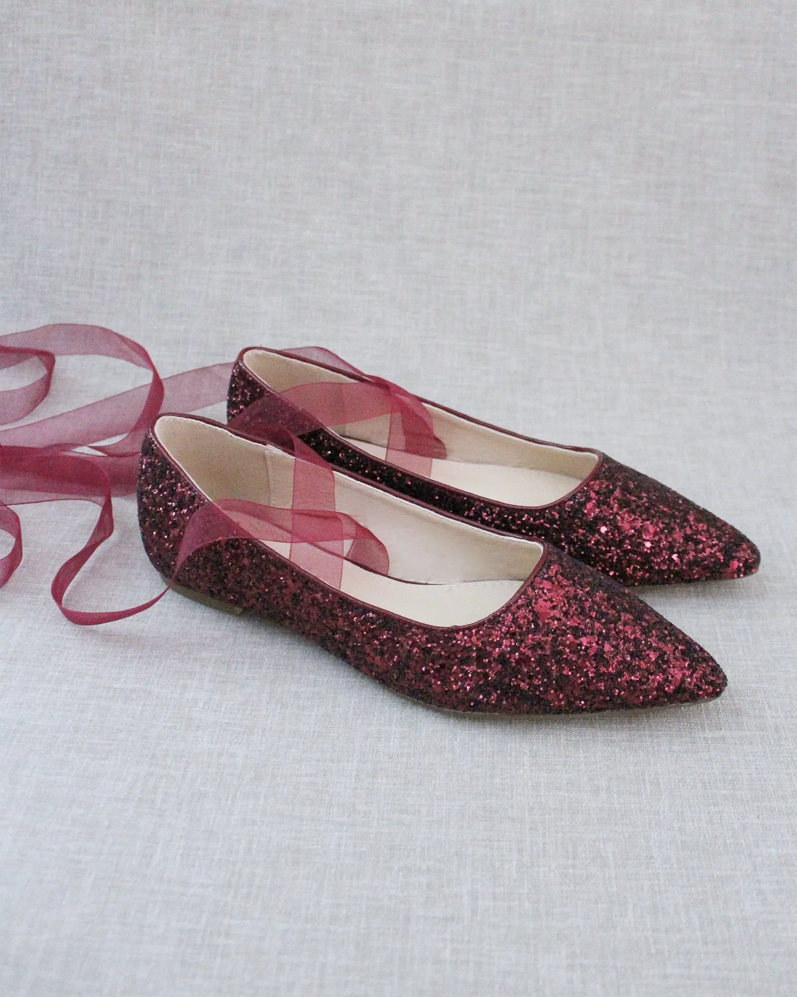 Burgundy Pointy Toe Glitter Flats with Sheer Lace Up