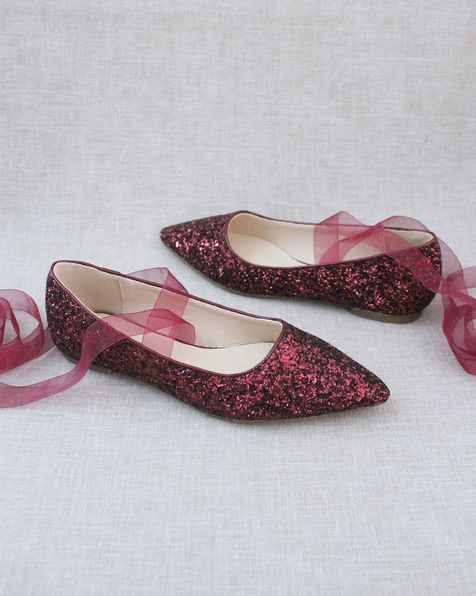 Burgundy Pointy Toe Glitter Flats with Sheer Lace Up