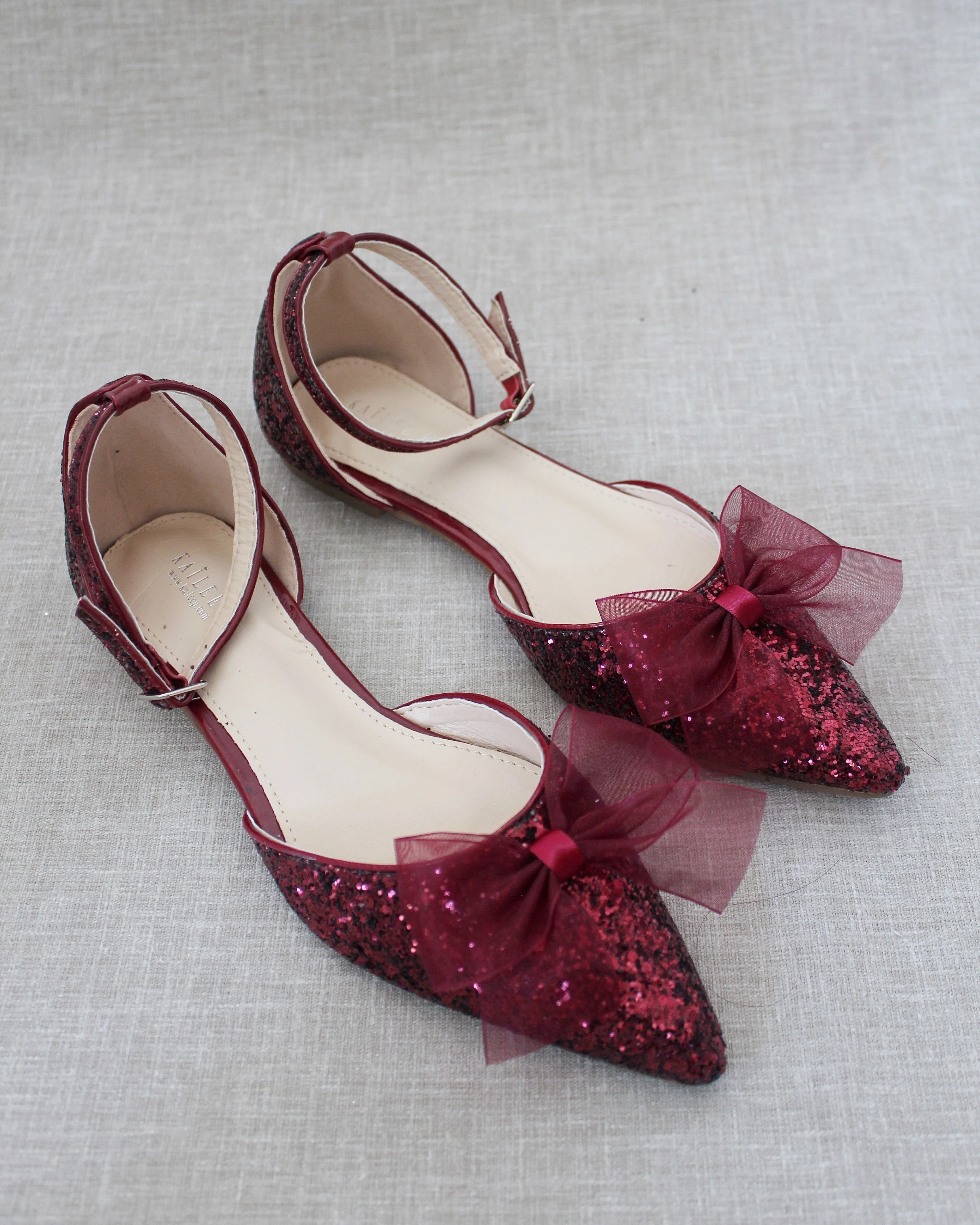 Burgundy Rock Glitter Pointy Toe Flats with Organza Bow