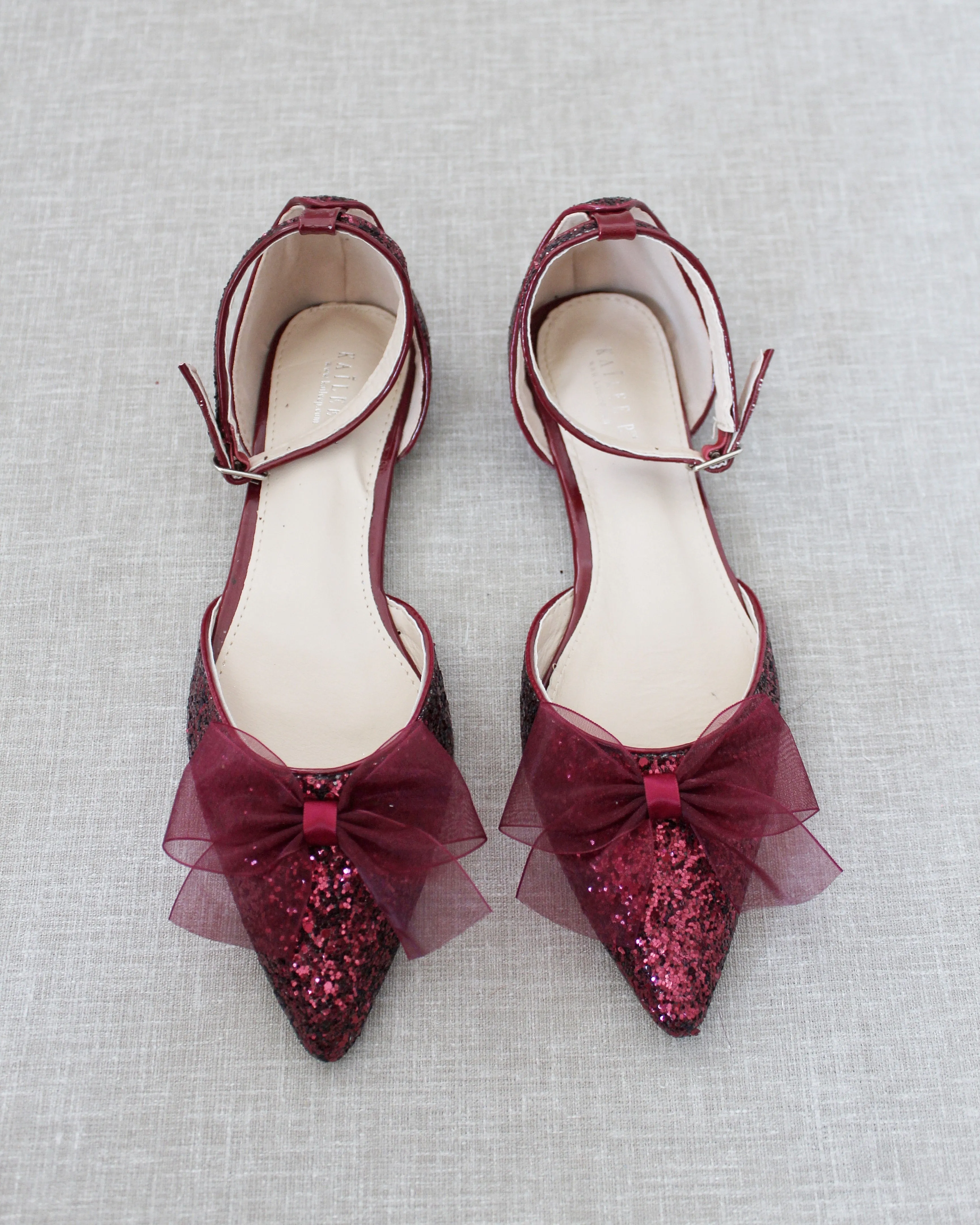 Burgundy Rock Glitter Pointy Toe Flats with Organza Bow