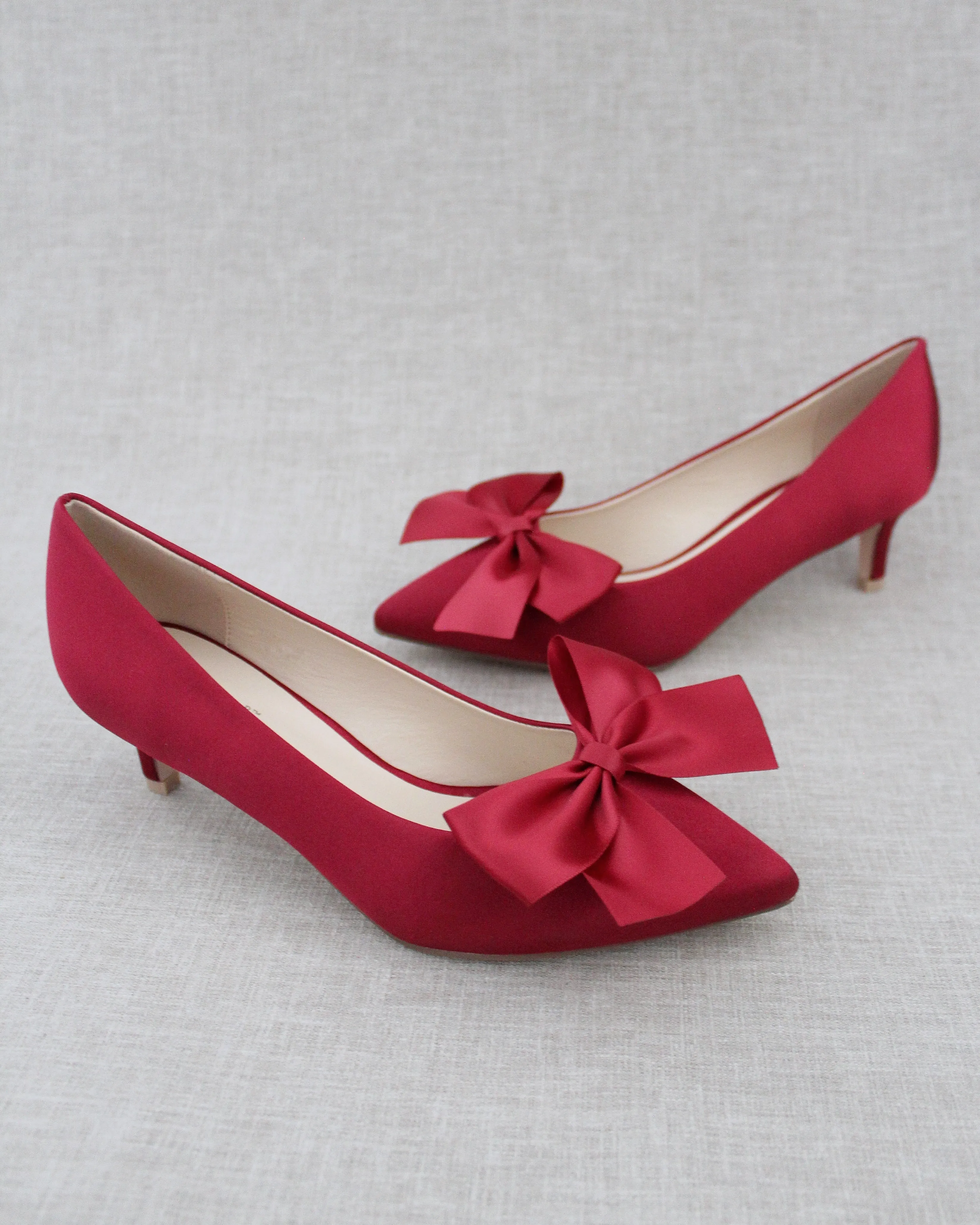 Burgundy Satin Pointy Toe Pump Low Heel with Satin Bow