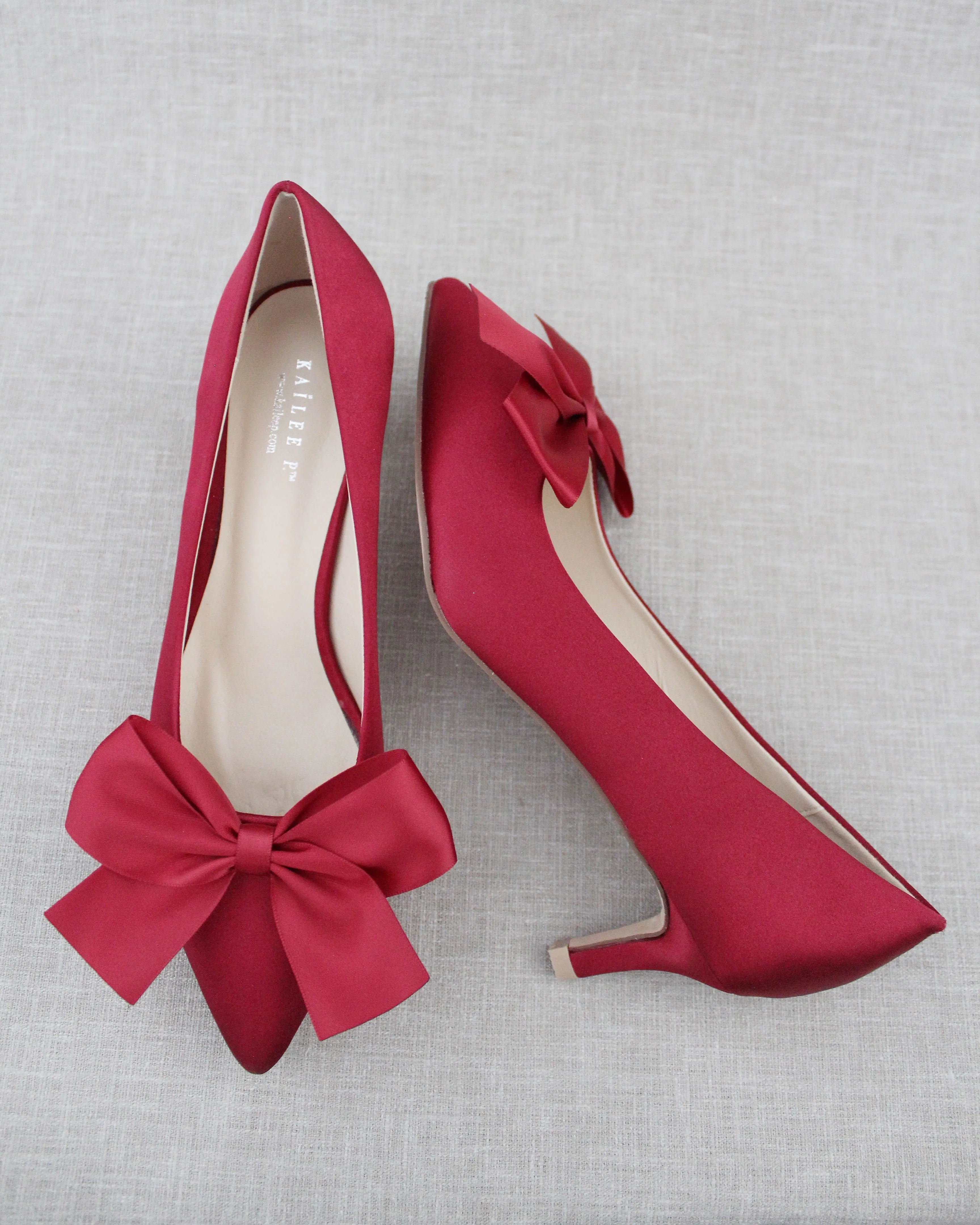 Burgundy Satin Pointy Toe Pump Low Heel with Satin Bow