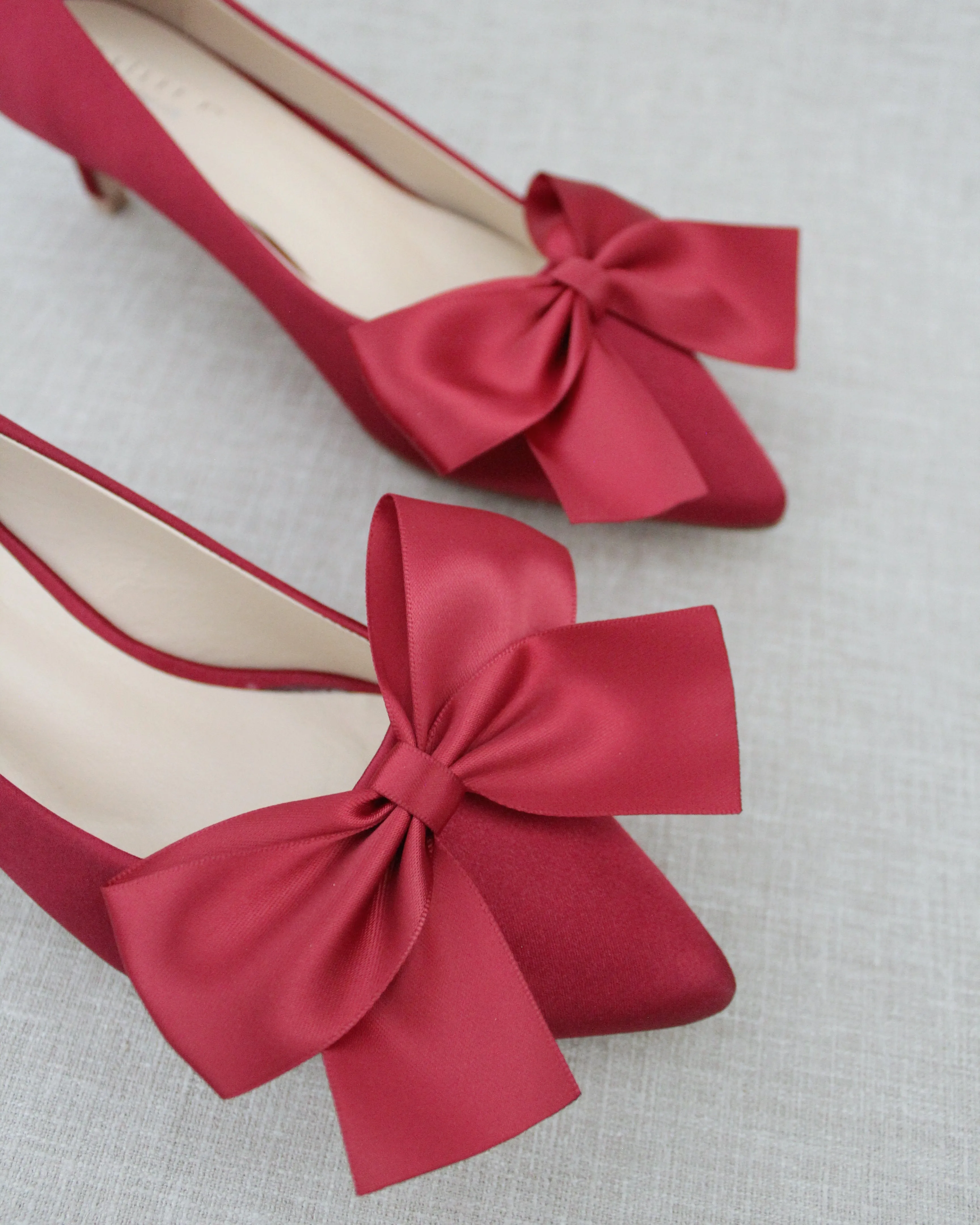 Burgundy Satin Pointy Toe Pump Low Heel with Satin Bow