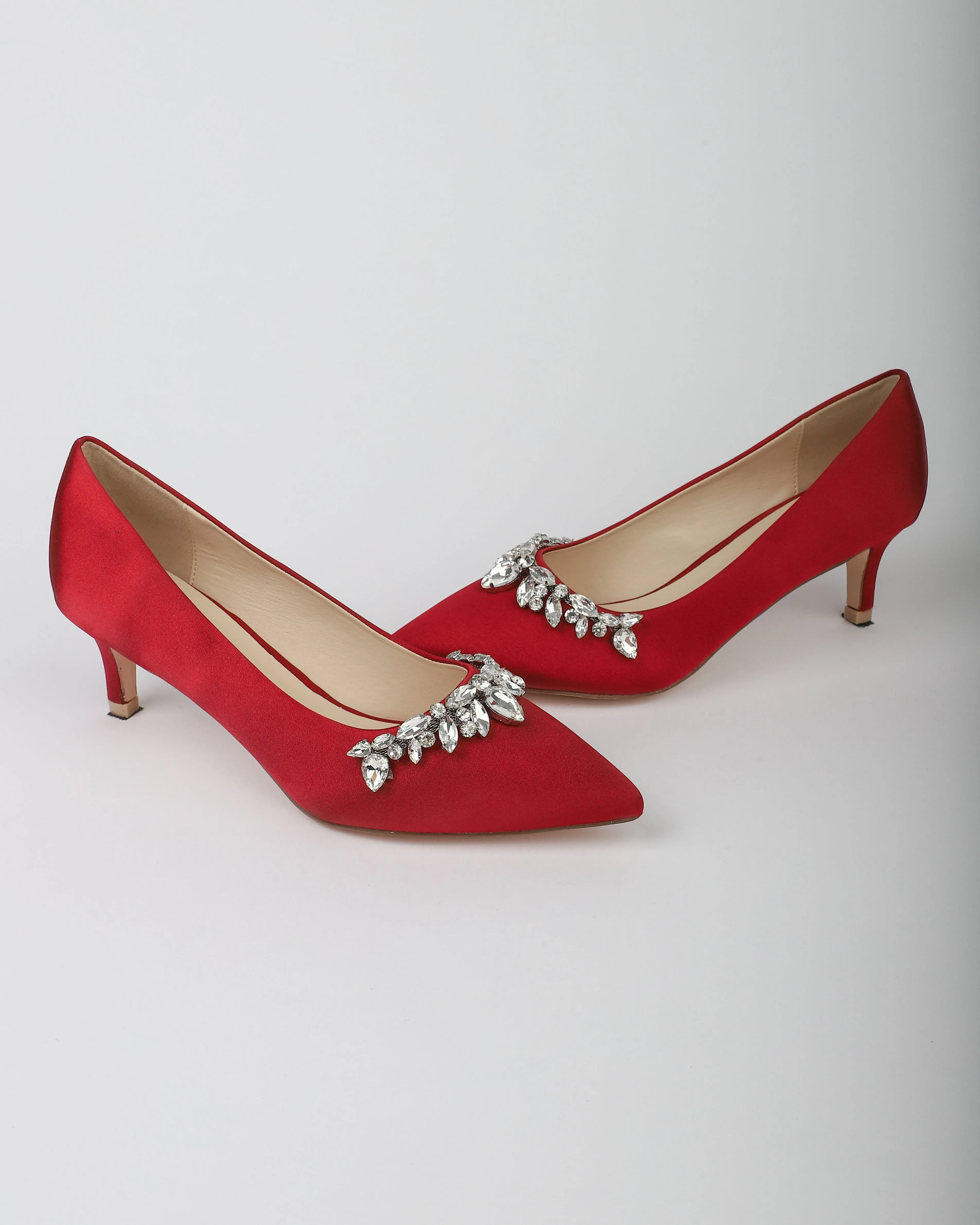 Burgundy Satin Pointy Toe Pump Low Heel with Teardrop Rhinestones