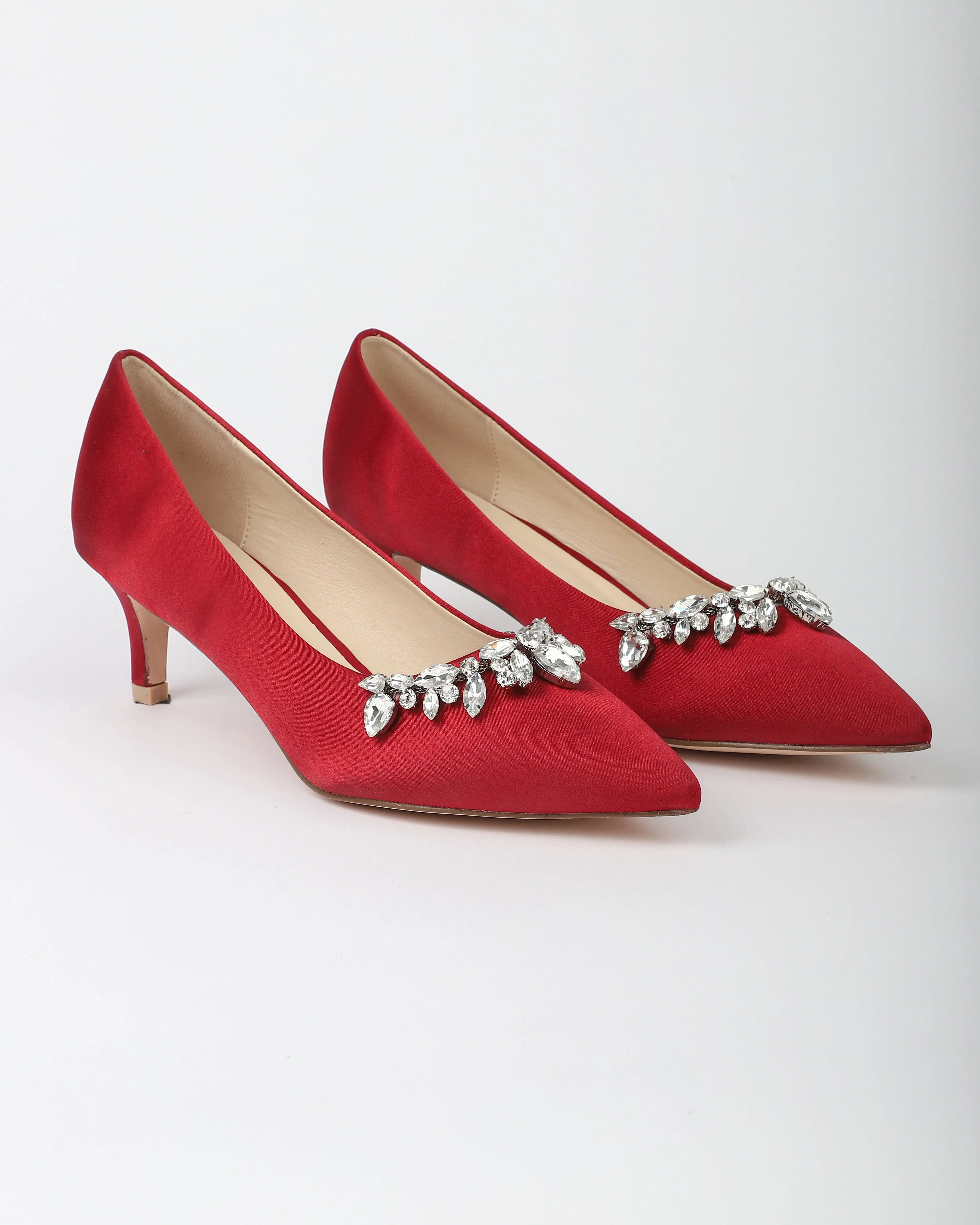 Burgundy Satin Pointy Toe Pump Low Heel with Teardrop Rhinestones