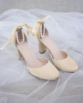 Champagne Satin Block Heel with Pearls Ankle Strap