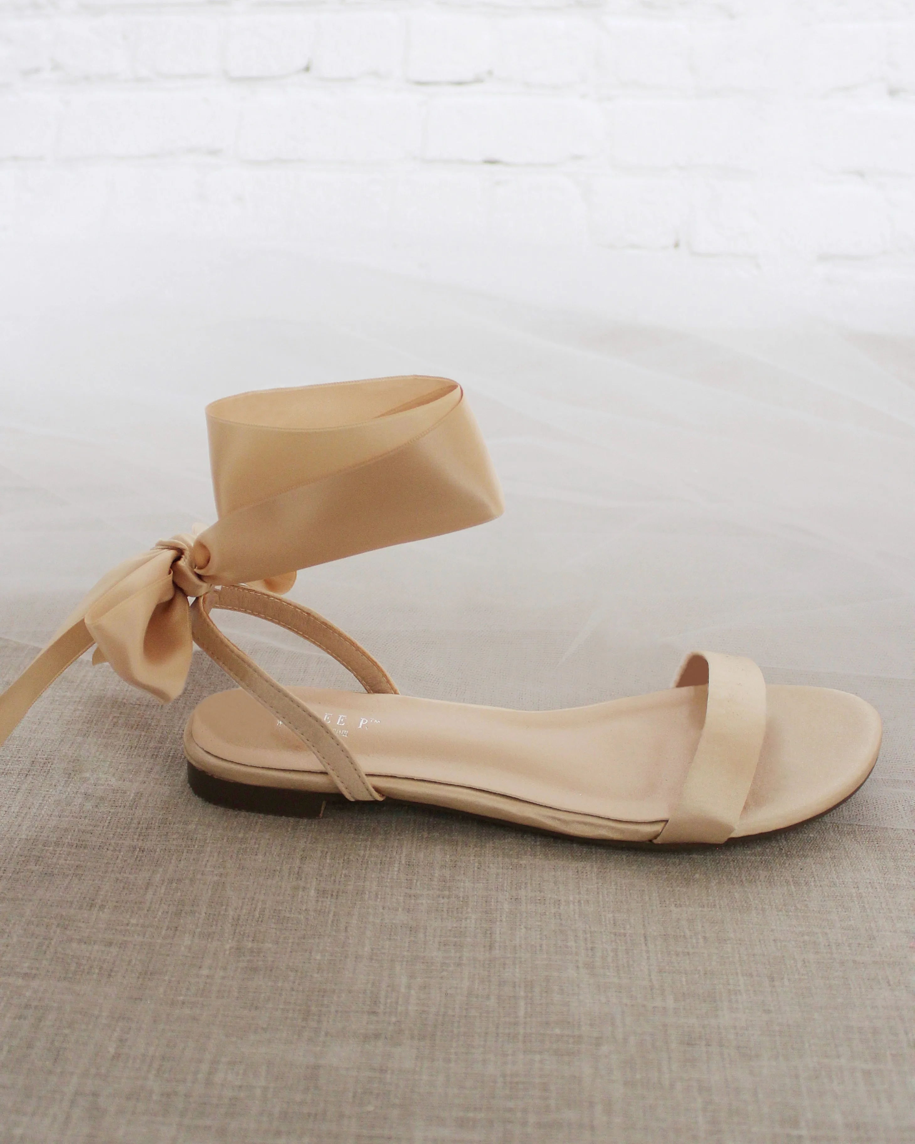 Champagne Satin Flat Sandal with Wrapped Satin Tie