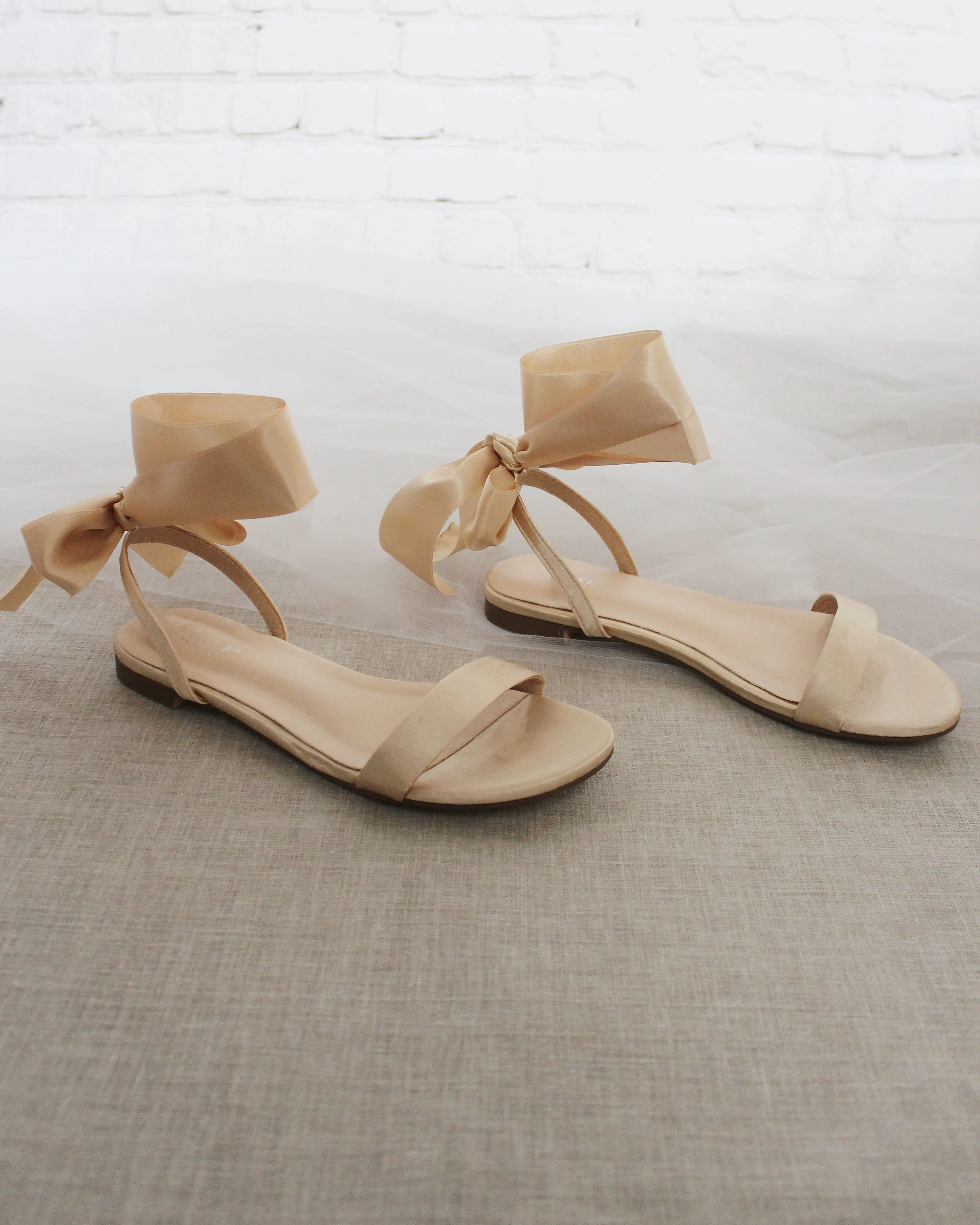 Champagne Satin Flat Sandal with Wrapped Satin Tie