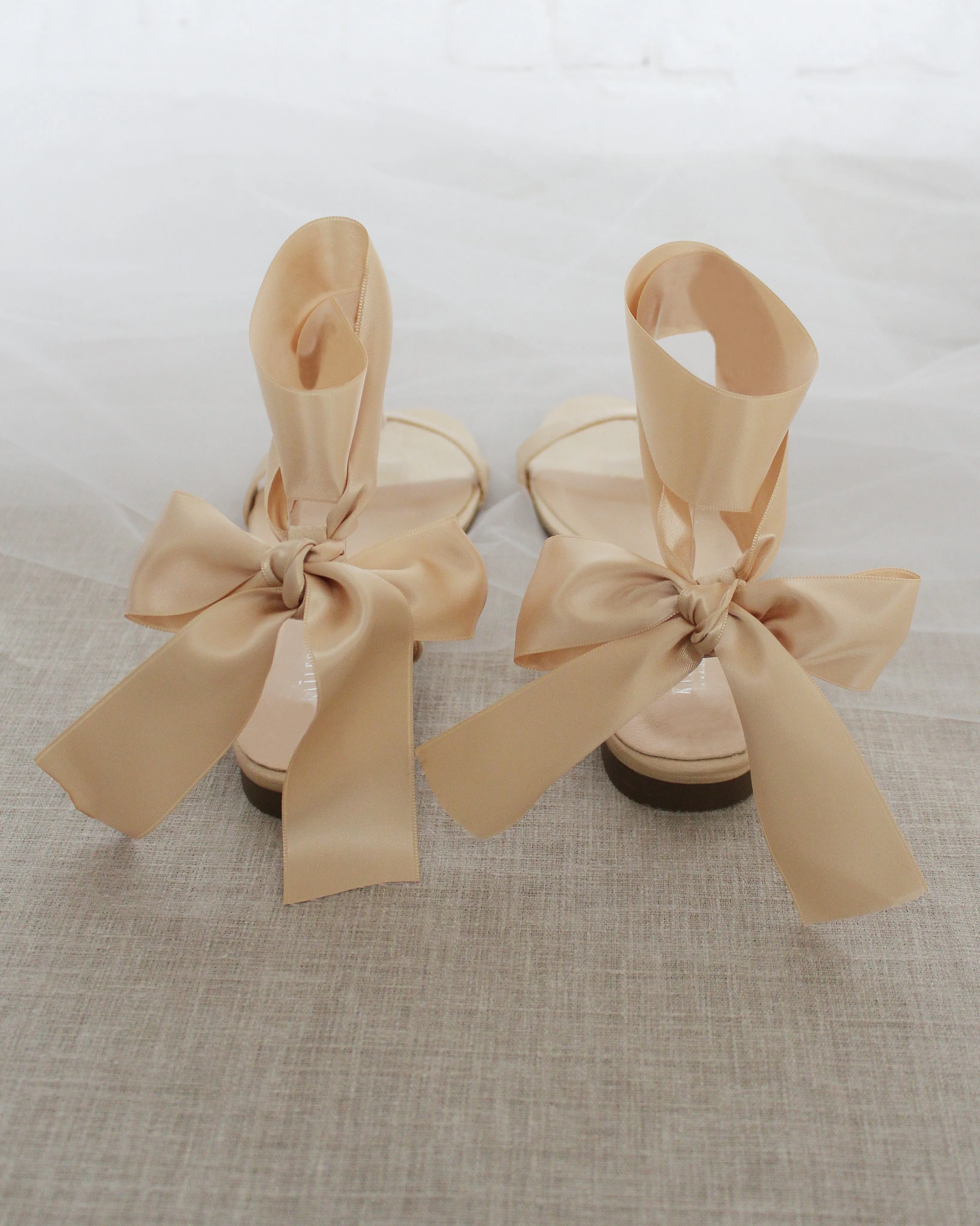 Champagne Satin Flat Sandal with Wrapped Satin Tie