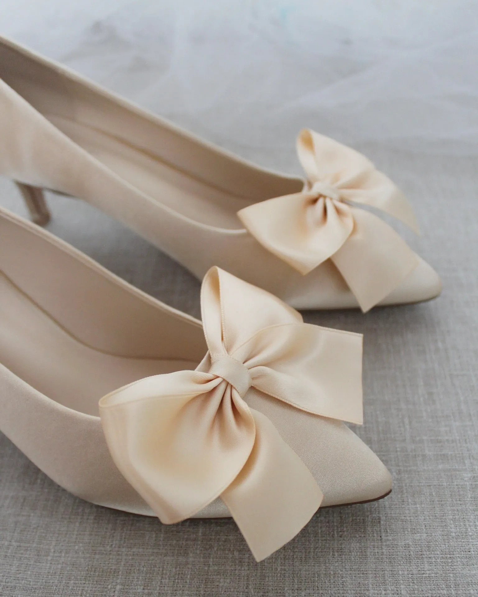 Champagne Satin Pointy Toe Pump Low Heel with Satin Bow