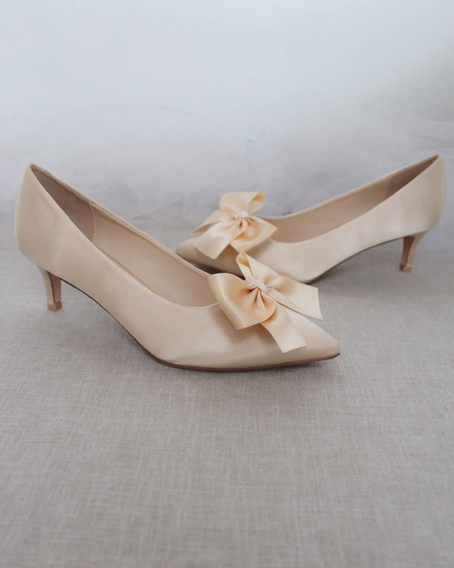 Champagne Satin Pointy Toe Pump Low Heel with Satin Bow