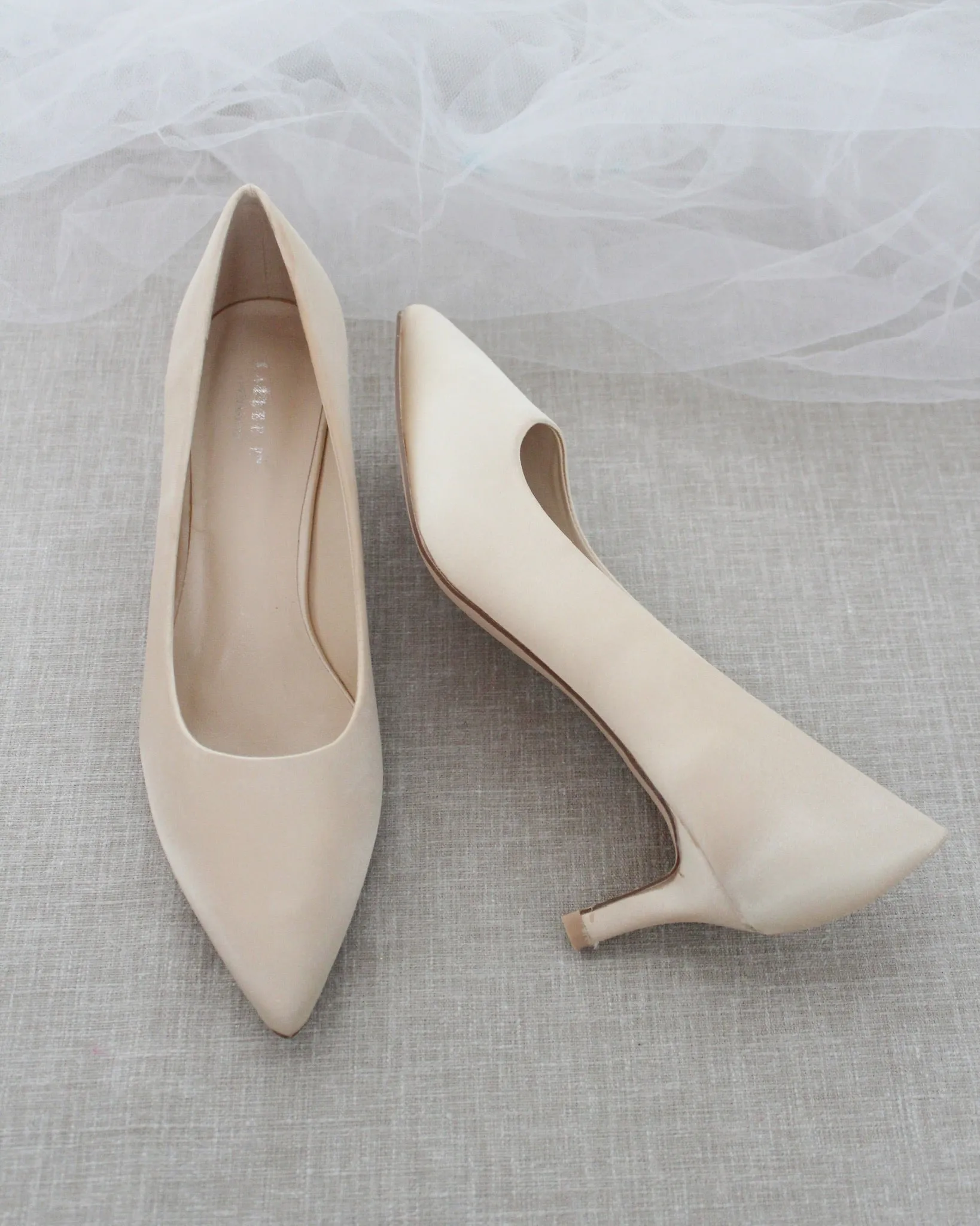 Champagne Satin Pointy Toe Pump Low Heel