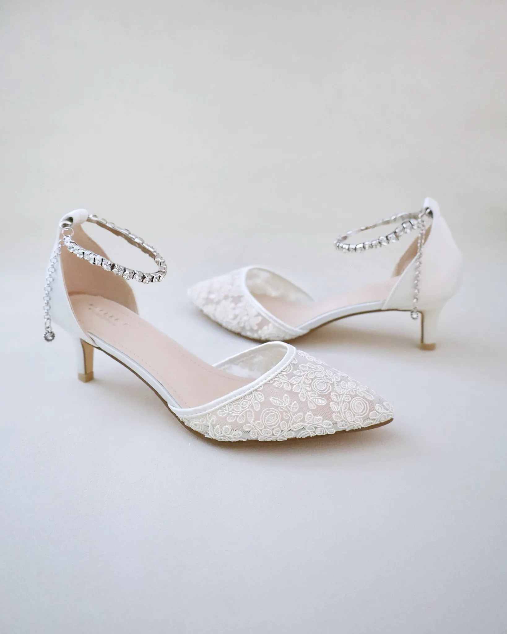 Crochet Lace Pointy Toe Wedding Low Heels with Eternity Rhinestones Straps