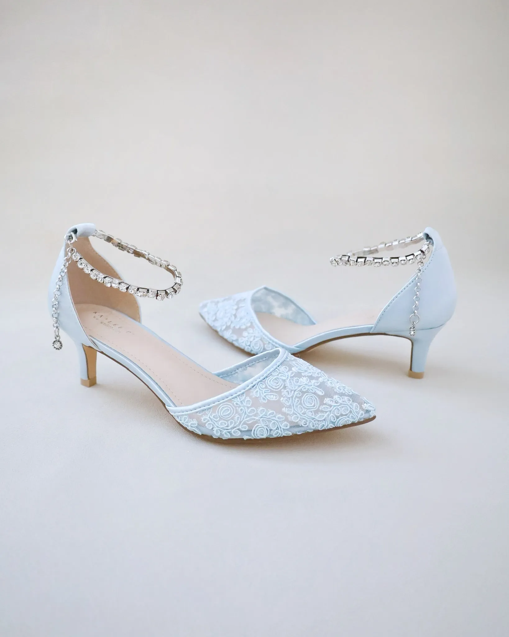 Crochet Lace Pointy Toe Wedding Low Heels with Eternity Rhinestones Straps