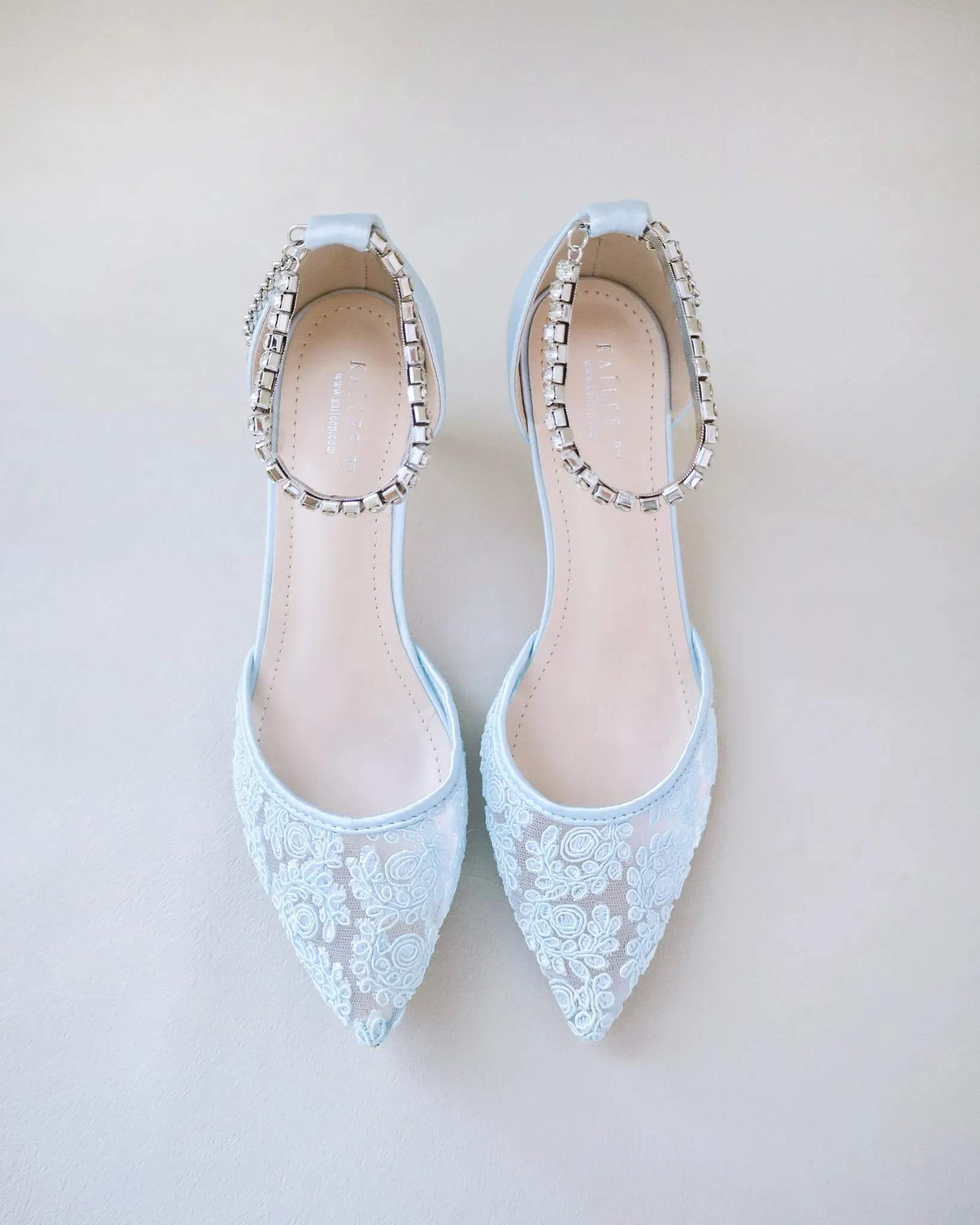 Crochet Lace Pointy Toe Wedding Low Heels with Eternity Rhinestones Straps