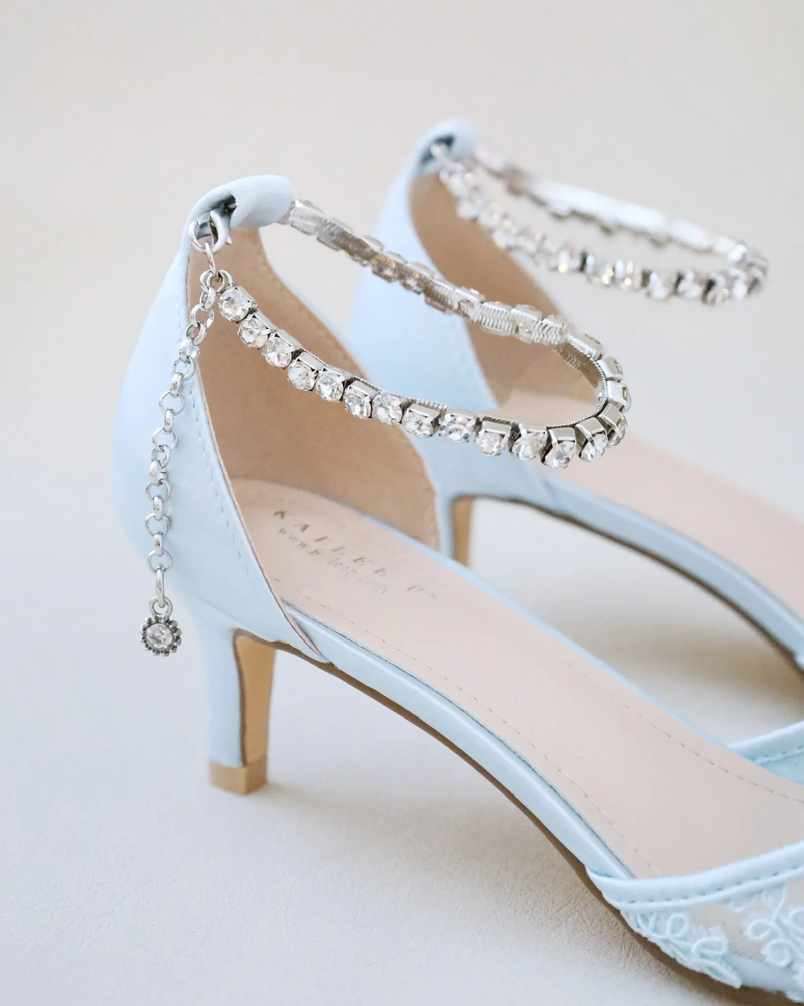 Crochet Lace Pointy Toe Wedding Low Heels with Eternity Rhinestones Straps