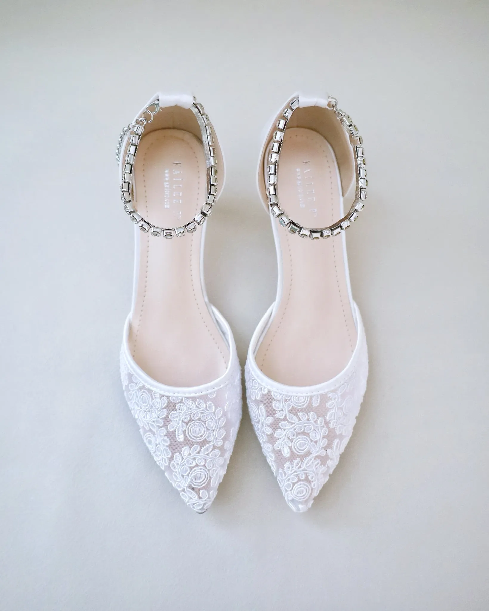 Crochet Lace Pointy Toe Wedding Low Heels with Eternity Rhinestones Straps