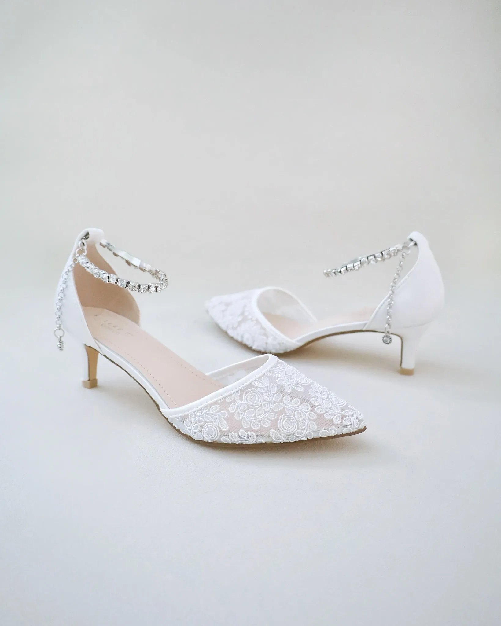 Crochet Lace Pointy Toe Wedding Low Heels with Eternity Rhinestones Straps