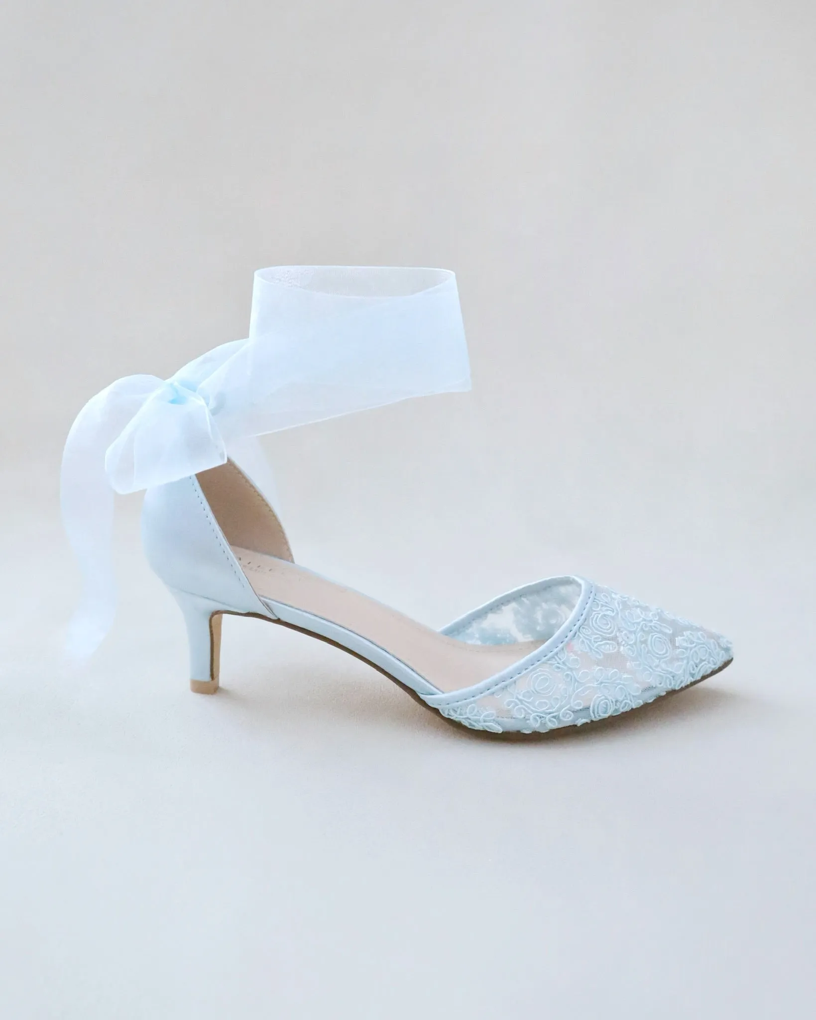 Crochet Lace Pointy Toe Wedding Low Heels with Wrapped Ankle Tie