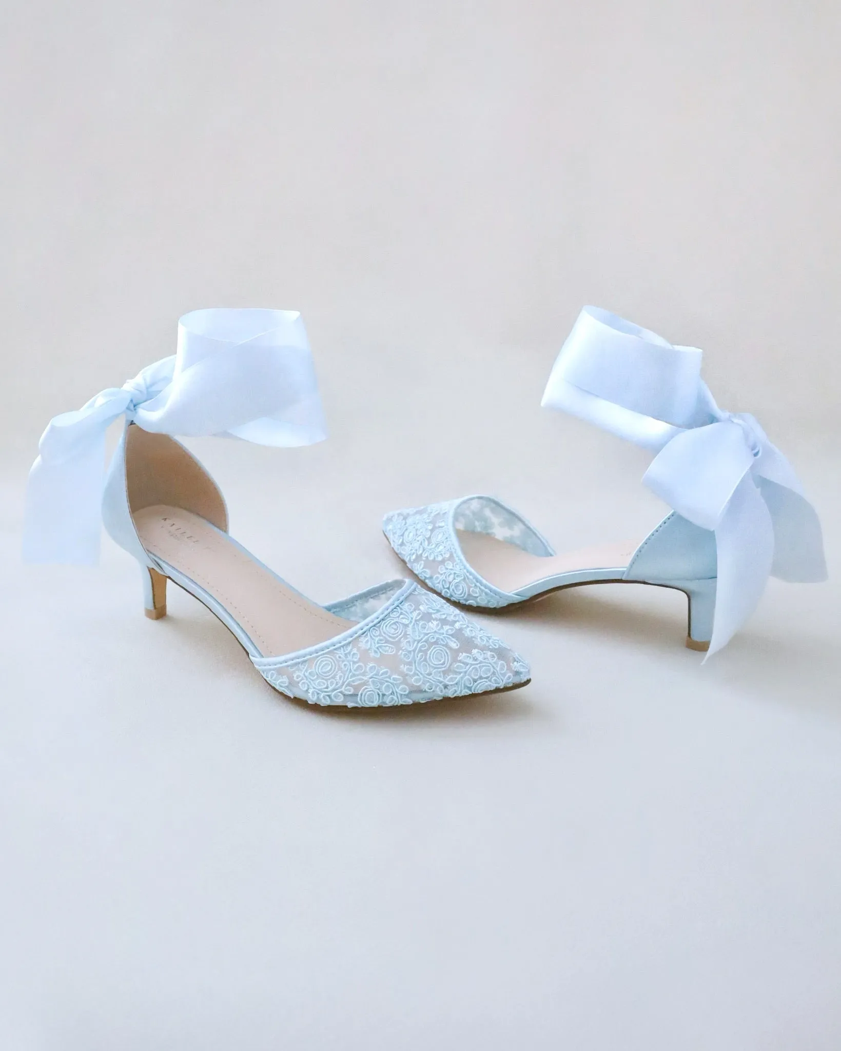 Crochet Lace Pointy Toe Wedding Low Heels with Wrapped Ankle Tie