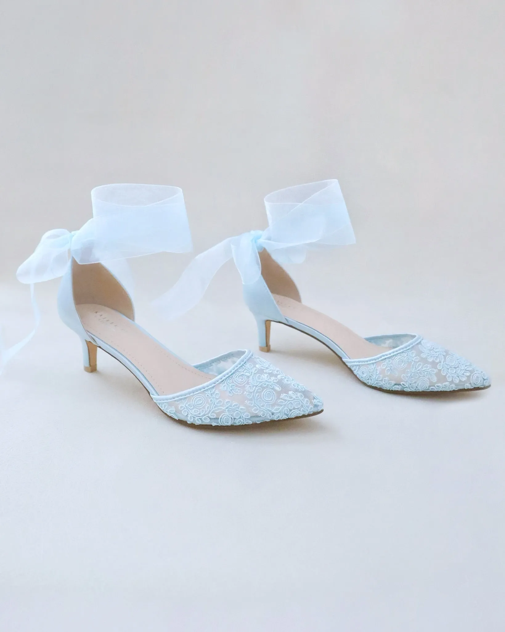 Crochet Lace Pointy Toe Wedding Low Heels with Wrapped Ankle Tie