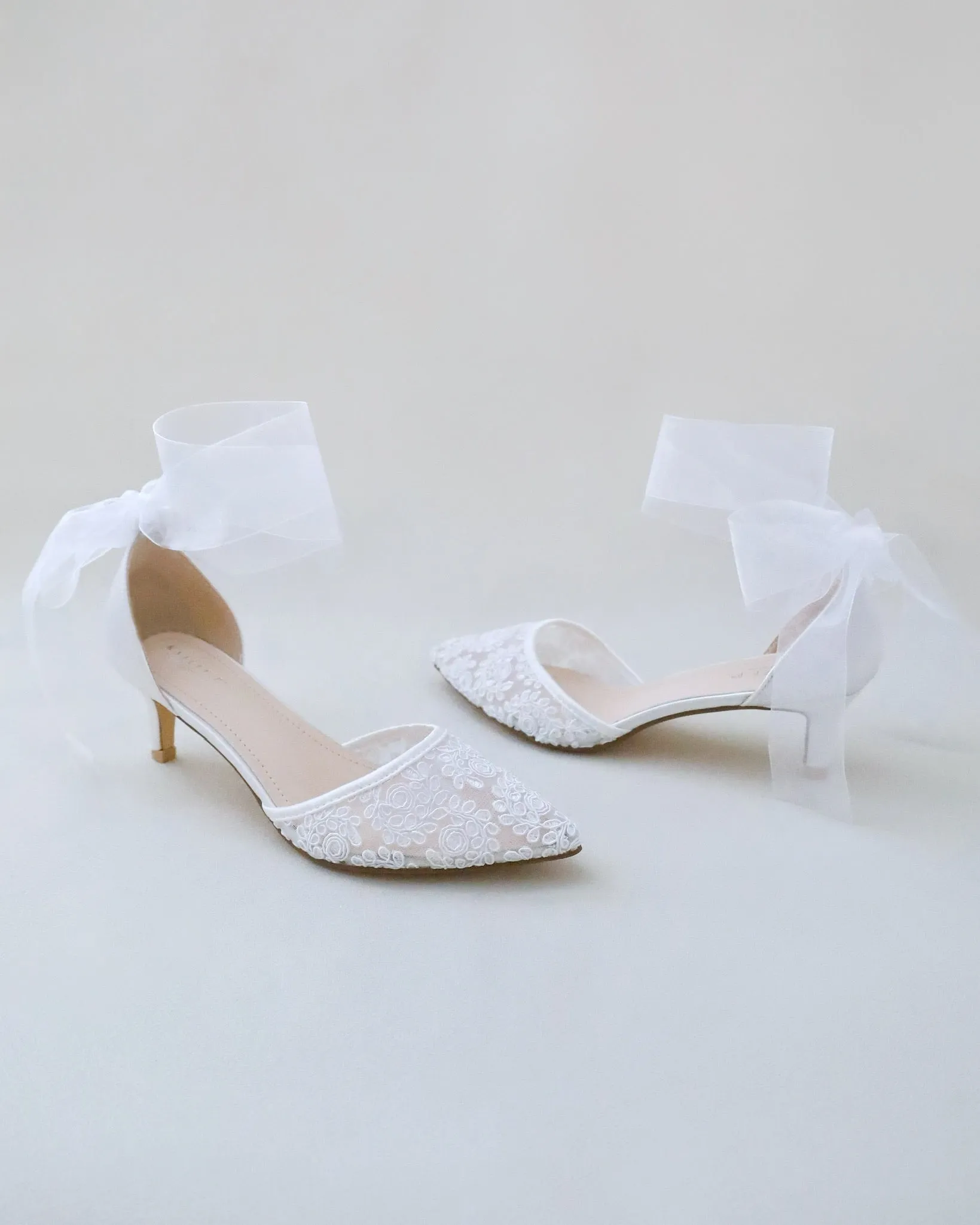 Crochet Lace Pointy Toe Wedding Low Heels with Wrapped Ankle Tie