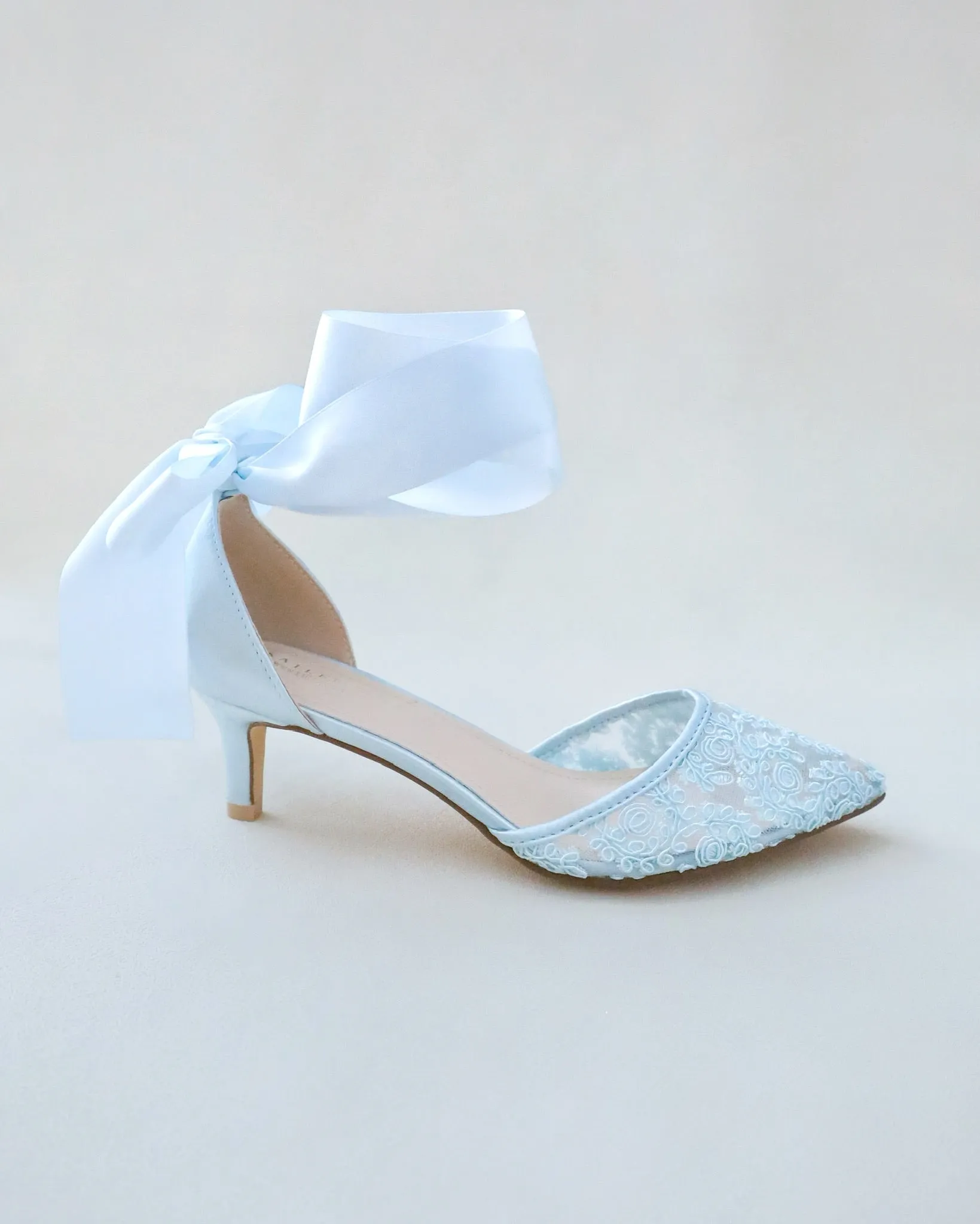 Crochet Lace Pointy Toe Wedding Low Heels with Wrapped Ankle Tie