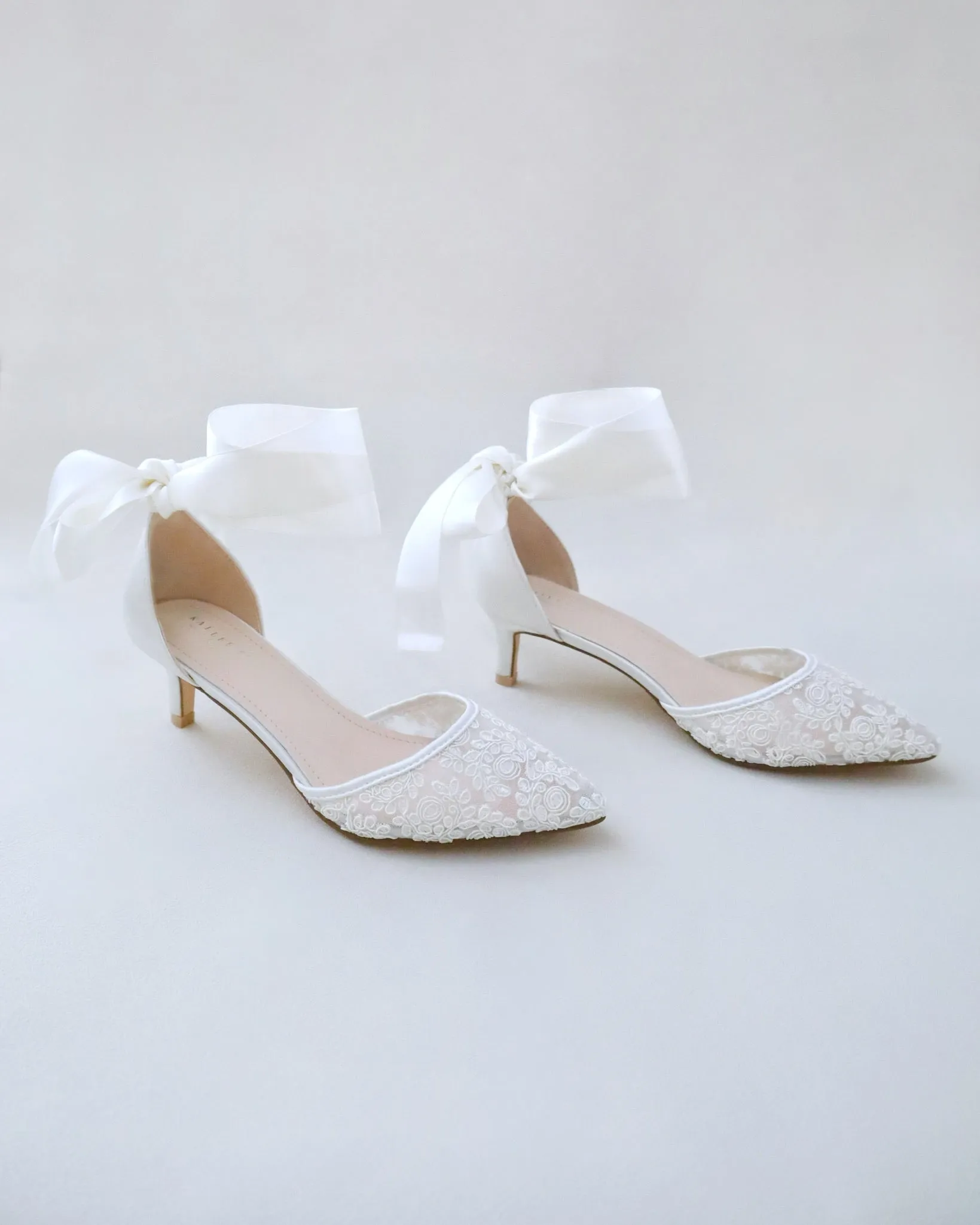 Crochet Lace Pointy Toe Wedding Low Heels with Wrapped Ankle Tie