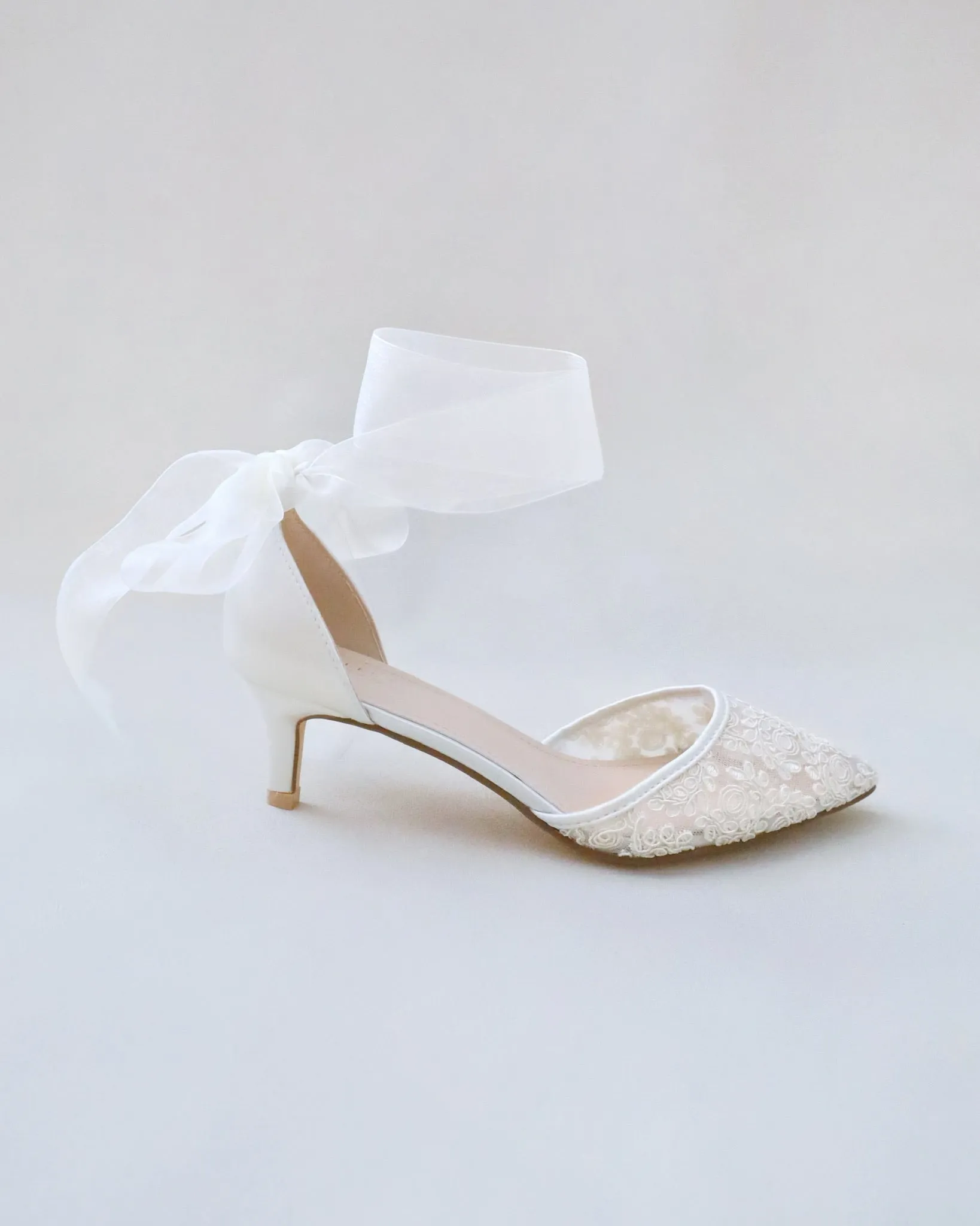 Crochet Lace Pointy Toe Wedding Low Heels with Wrapped Ankle Tie