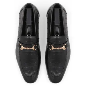 Crocodile Embossed Loafers-Black