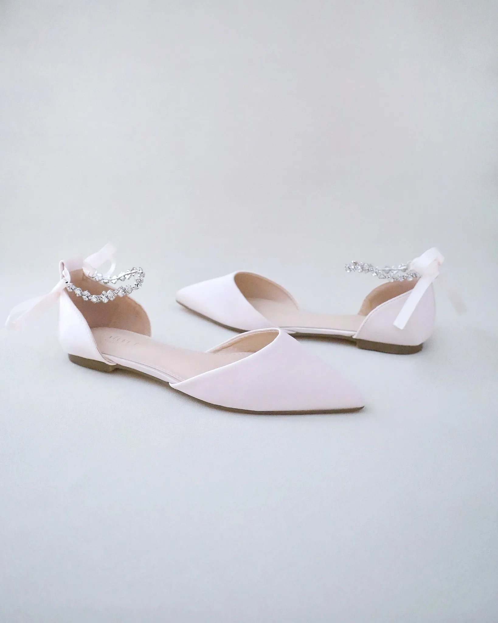 Dusty Pink Satin Pointy Toe Evening Flats with Amaryllis Strap