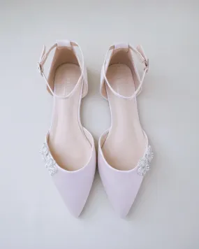 Dusty Pink Satin Pointy Toe Evening Flats with Rhinestones Chassia Flower