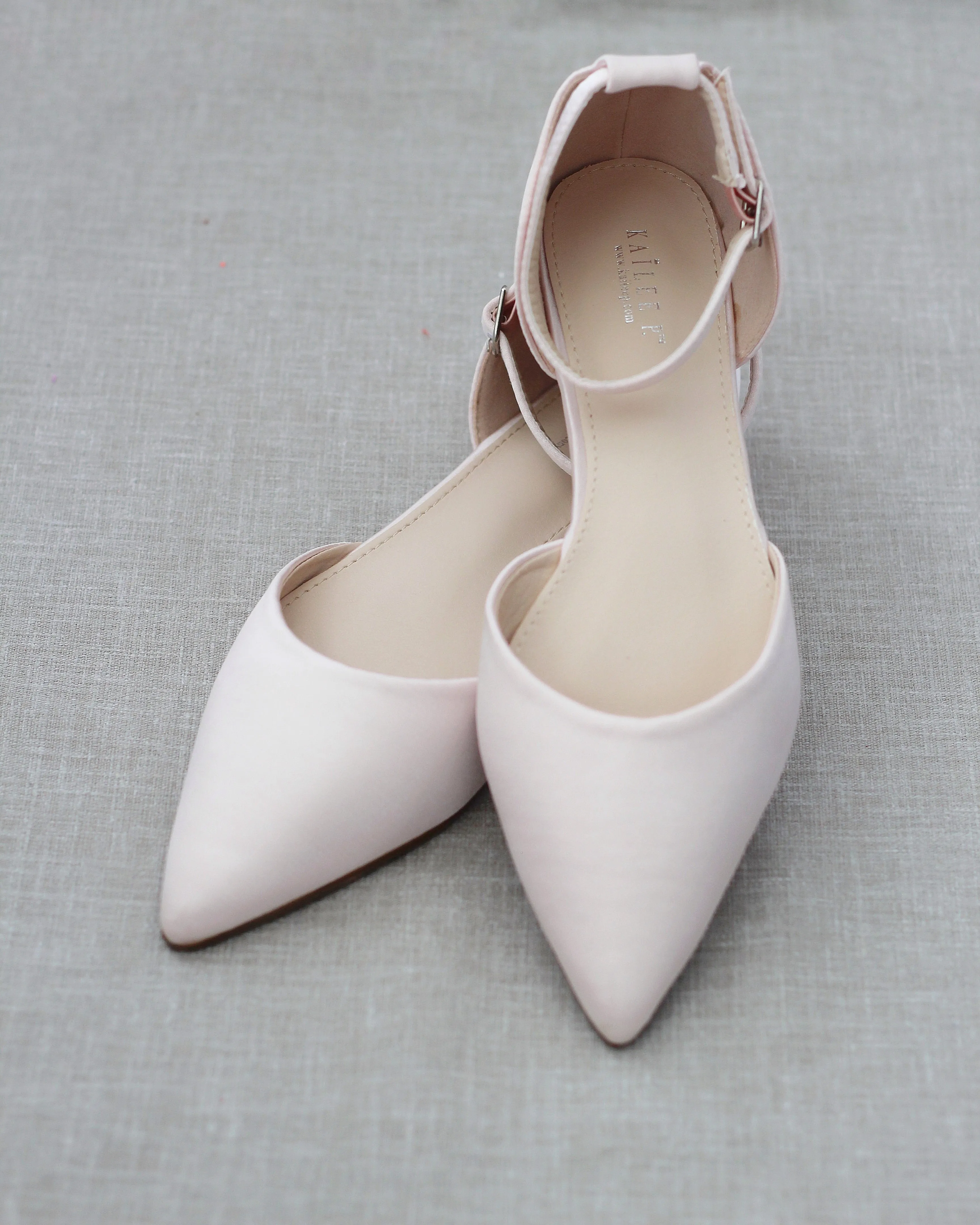 Dusty Pink Satin Pointy Toe Flats with Ankle Strap