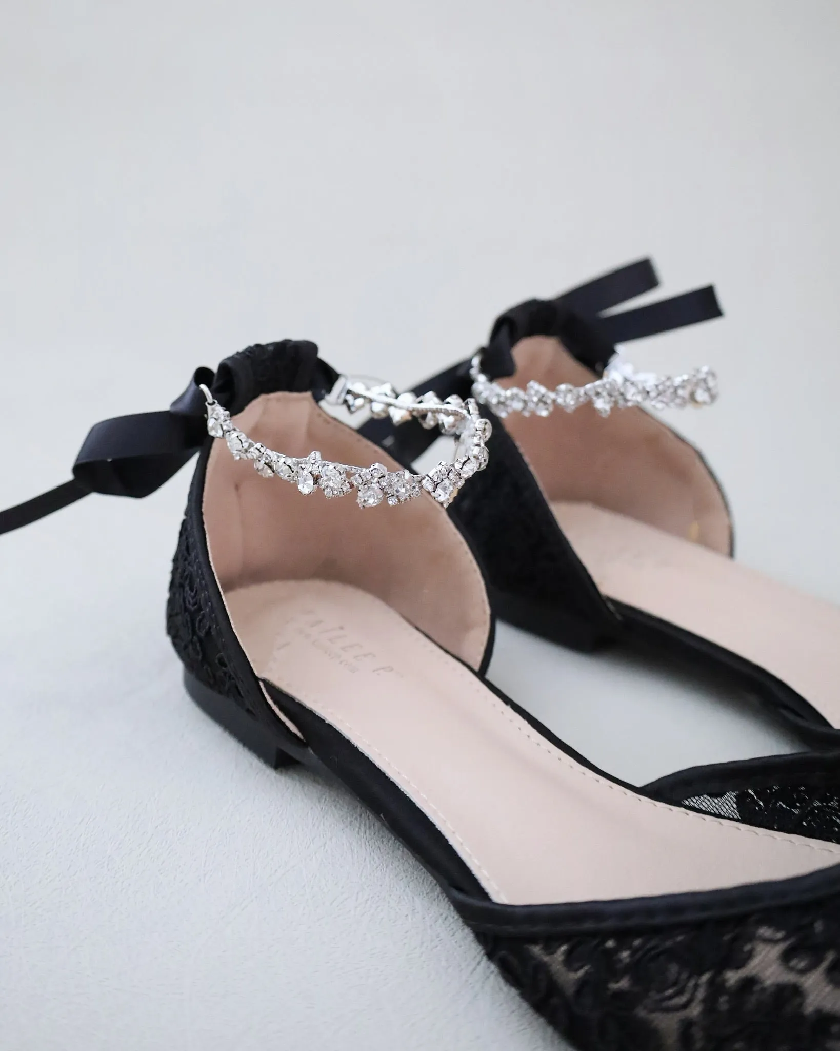 Evening Crochet Lace Pointy Toe Flats with Amaryllis Crystal Strap