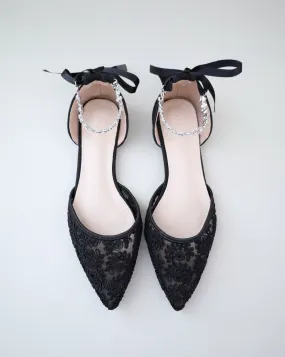 Evening Crochet Lace Pointy Toe Flats with Amaryllis Crystal Strap