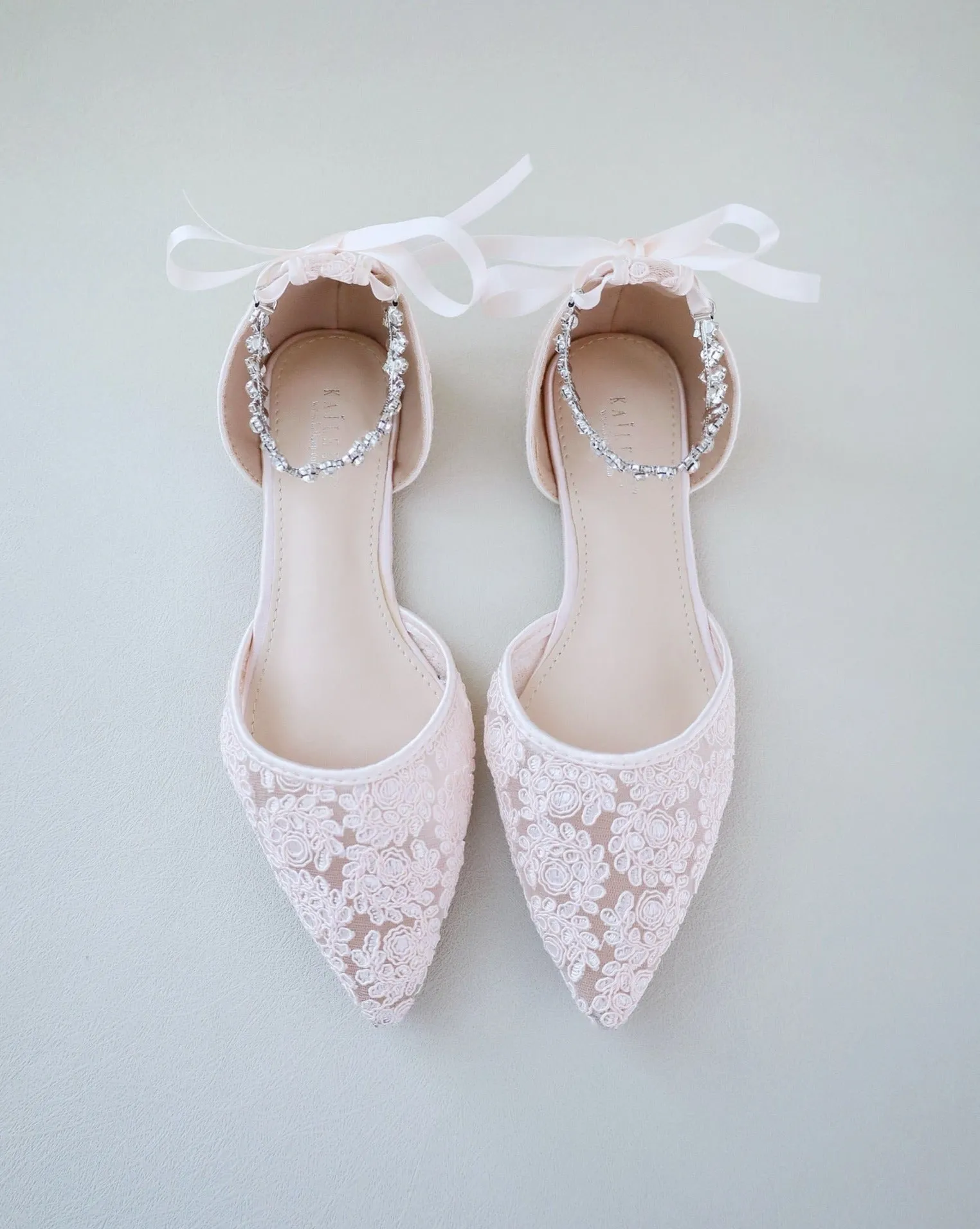 Evening Crochet Lace Pointy Toe Flats with Amaryllis Crystal Strap