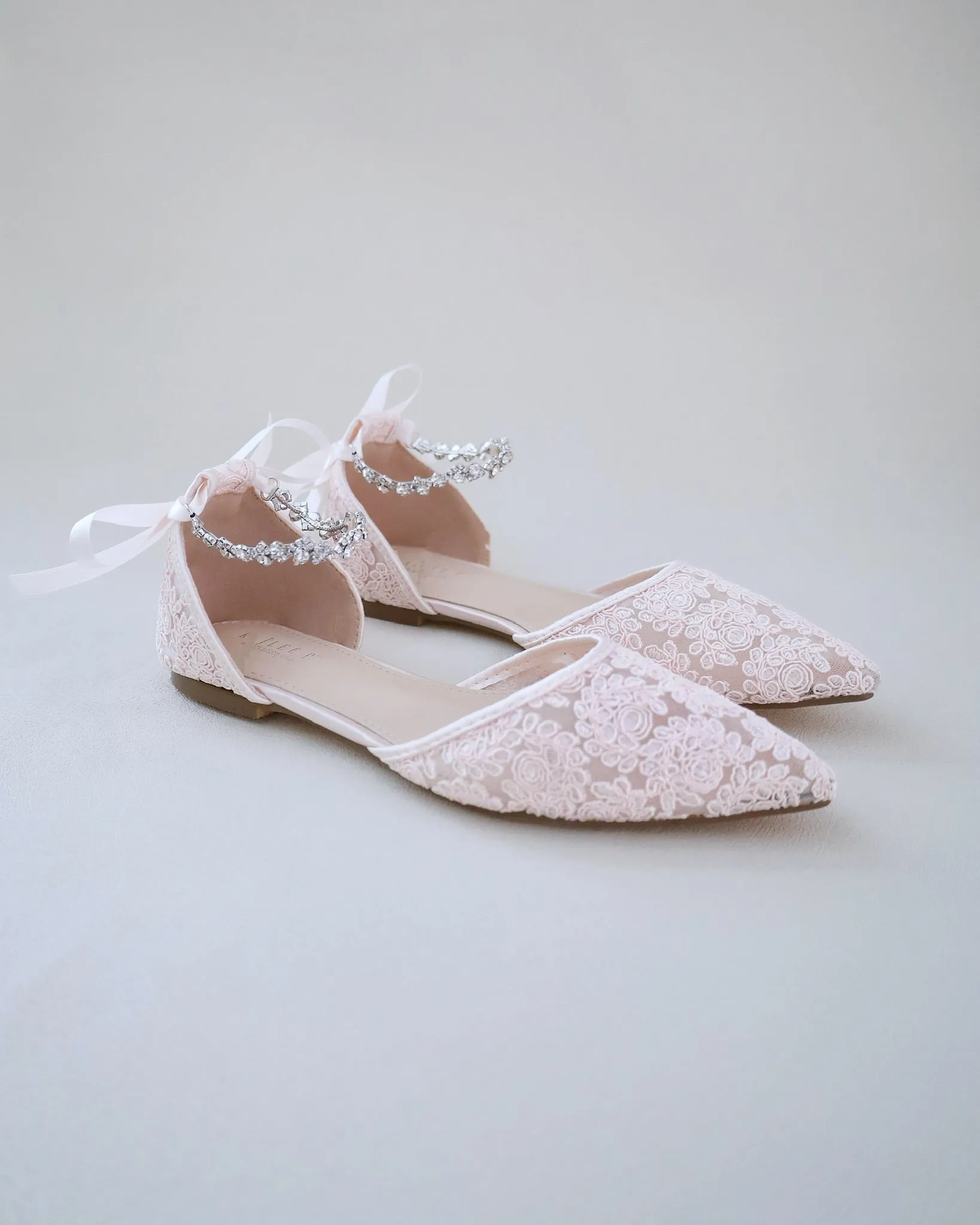 Evening Crochet Lace Pointy Toe Flats with Amaryllis Crystal Strap