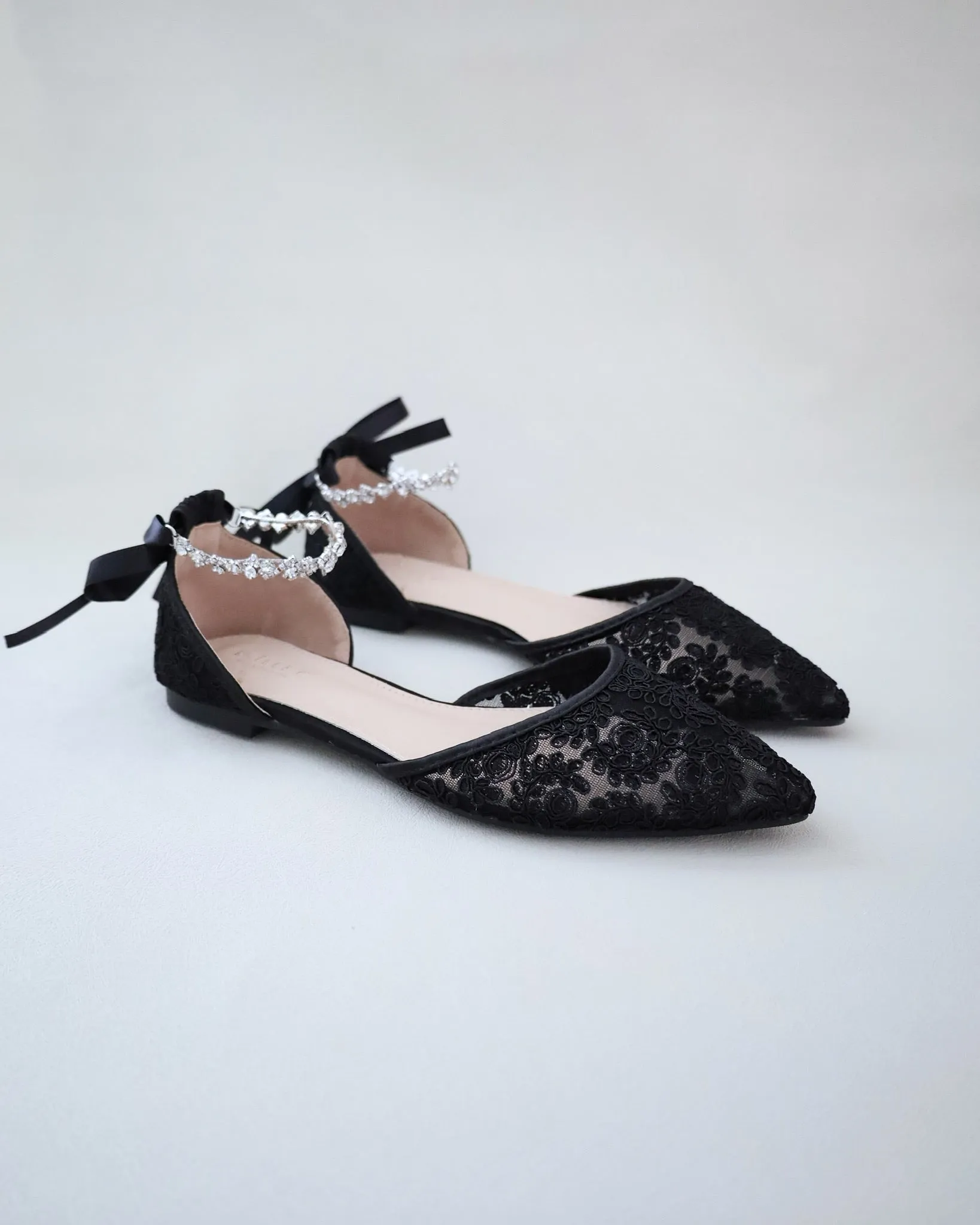 Evening Crochet Lace Pointy Toe Flats with Amaryllis Crystal Strap